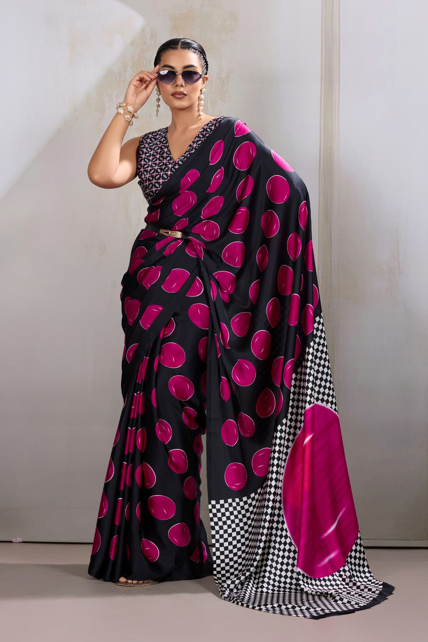 Buy MySilkLove Bubblegum Pink Printed Polka Dots Satin Crepe Saree Online