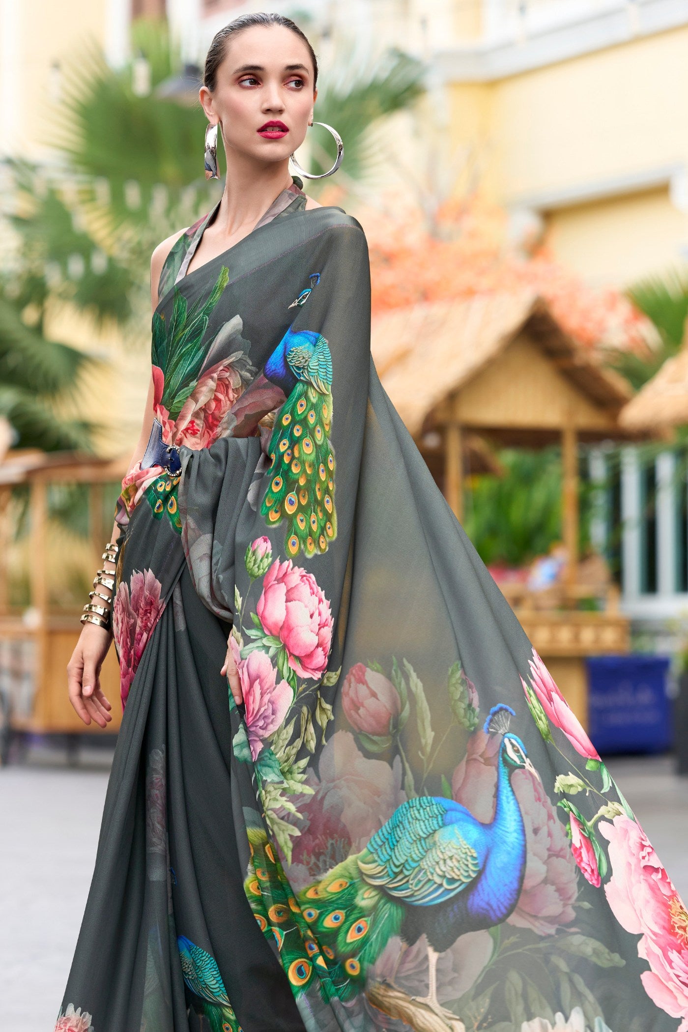 Buy MySilkLove Sandstone Grey Printed Georgette Saree Online