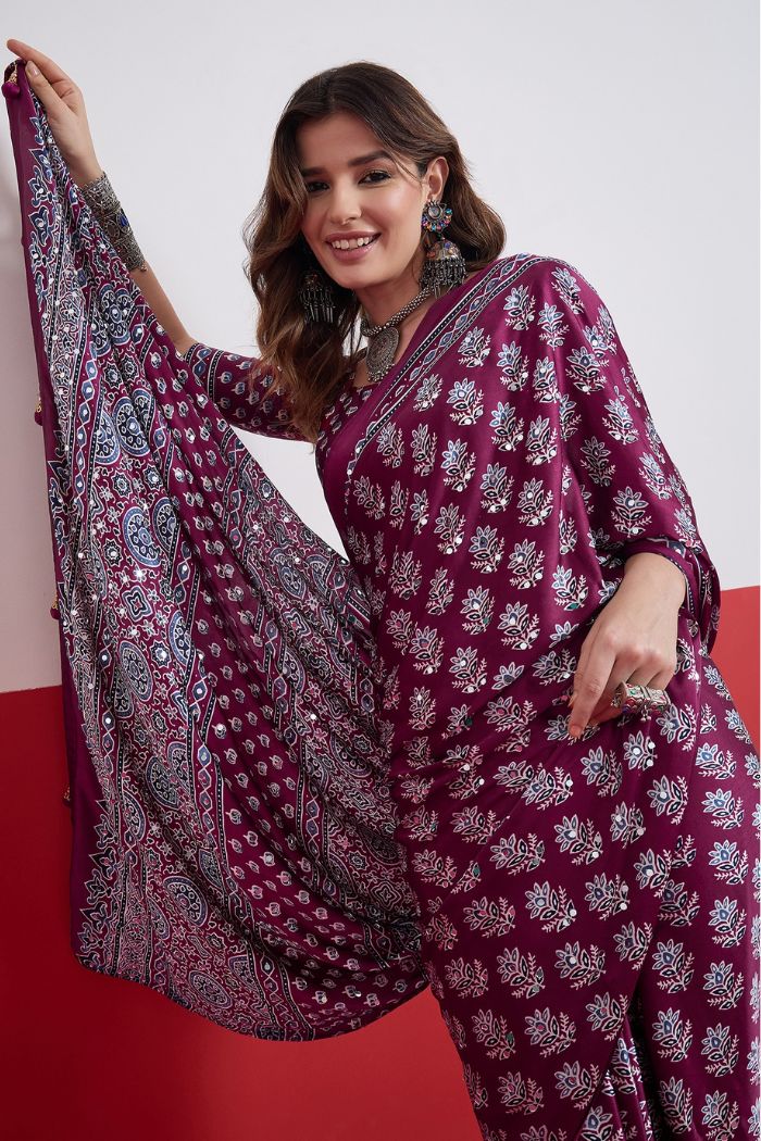 Buy MySilkLove Plum Purple Modal Ajrakh Satin Printed Mirror Work Saree Online