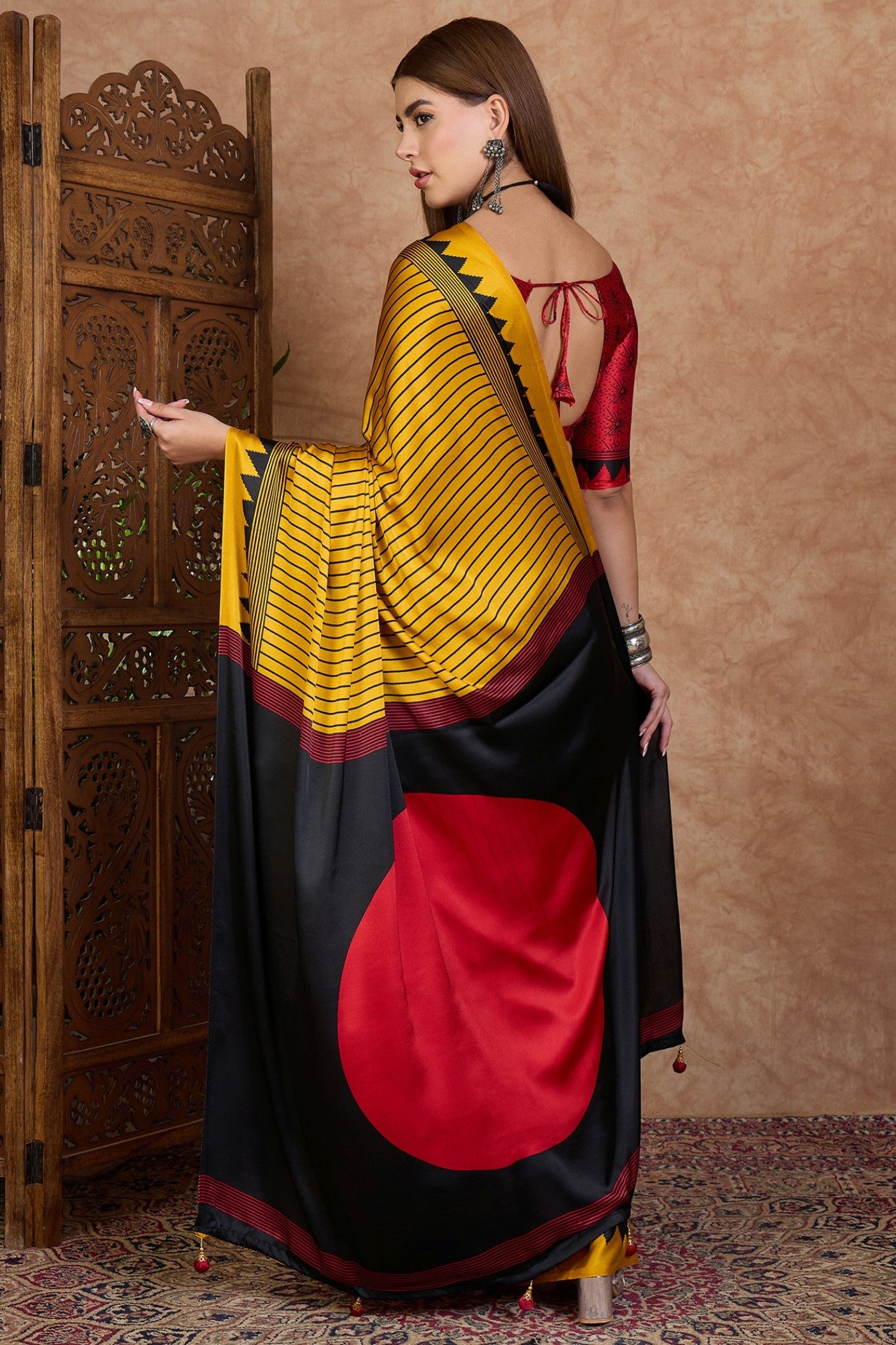 Buy MySilkLove Husk Yellow and Black Stripe Ajrakh Printed Satin Crepe Silk Saree Online