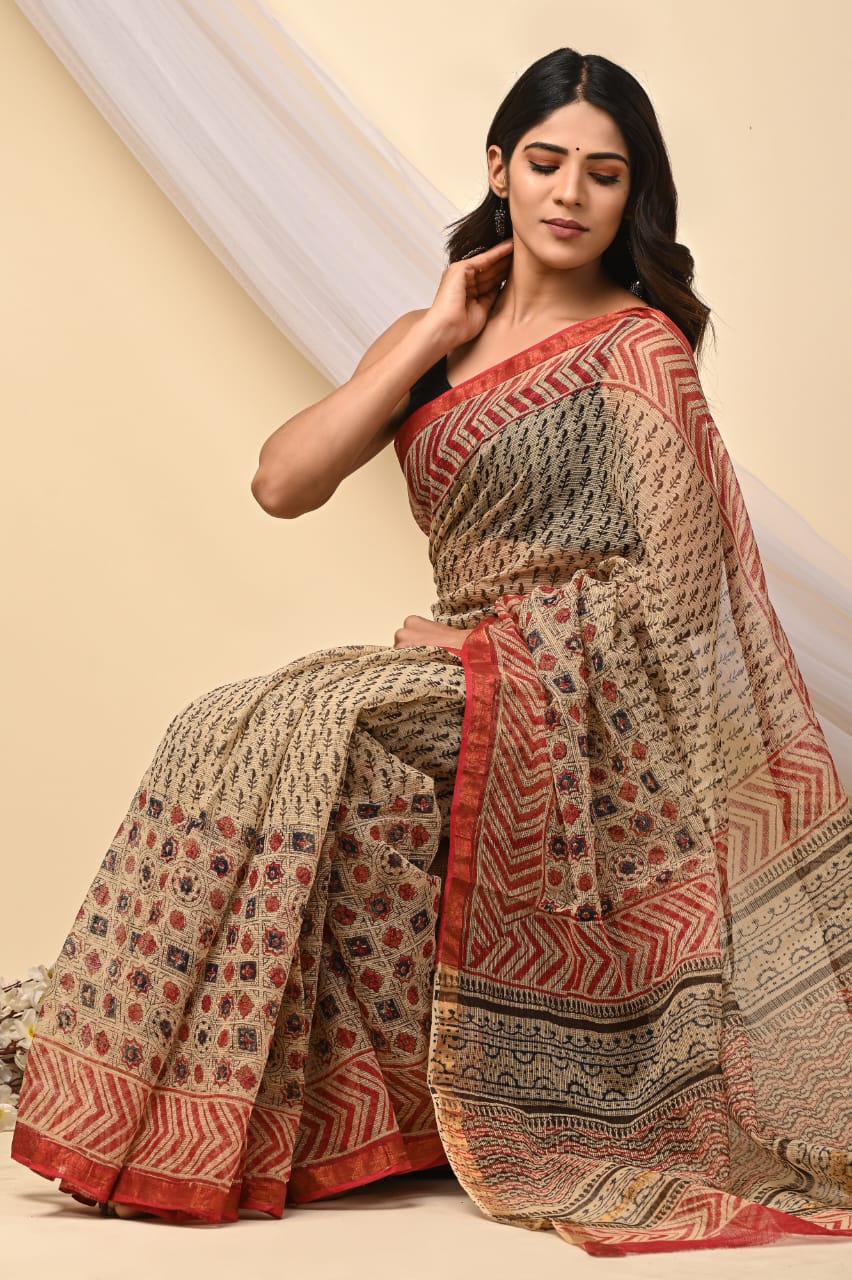 Buy MySilkLove Antique Brass cream and Red Handblock Kota Doriya Saree Online