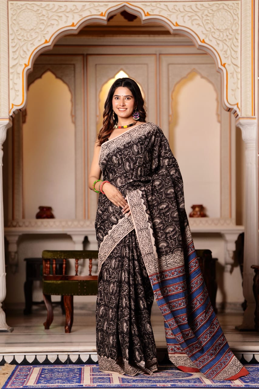 MySilkLove Woody Black Pure Cotton Handblock Printed Saree