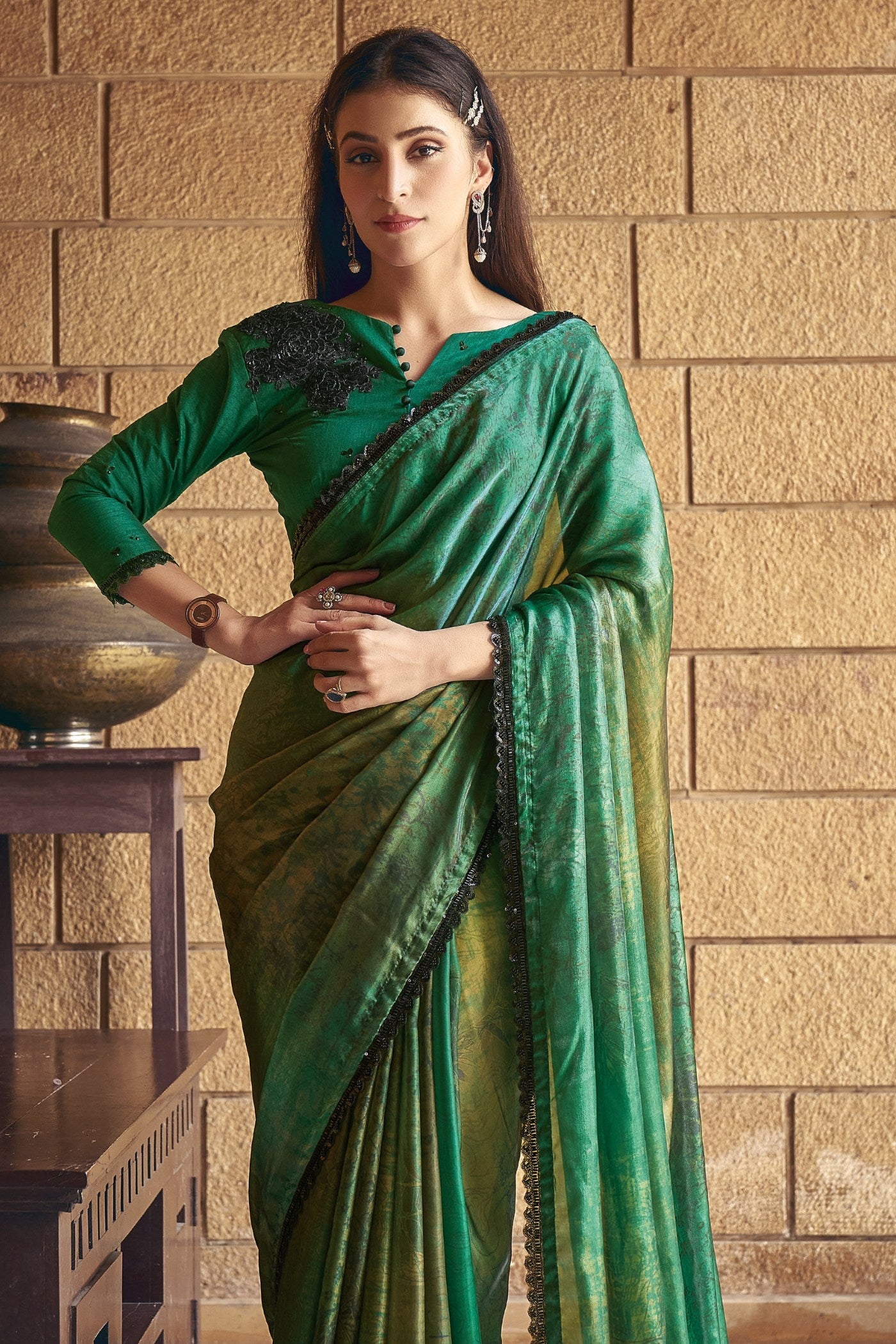 Buy MySilkLove Amazon Green Satin Printed Silk Saree Online