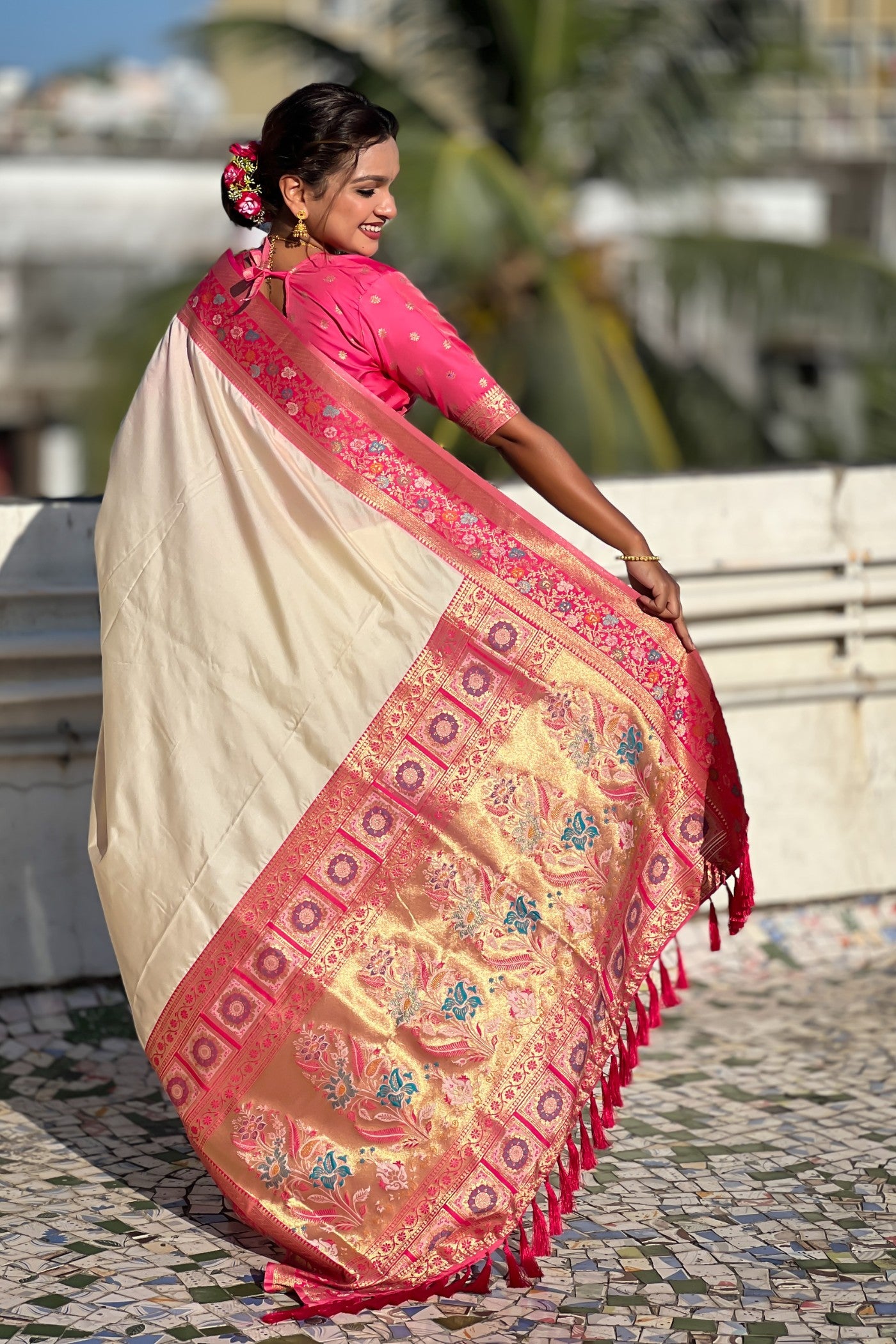Buy MySilkLove Soapstone White Zari Woven Paithani Saree Online