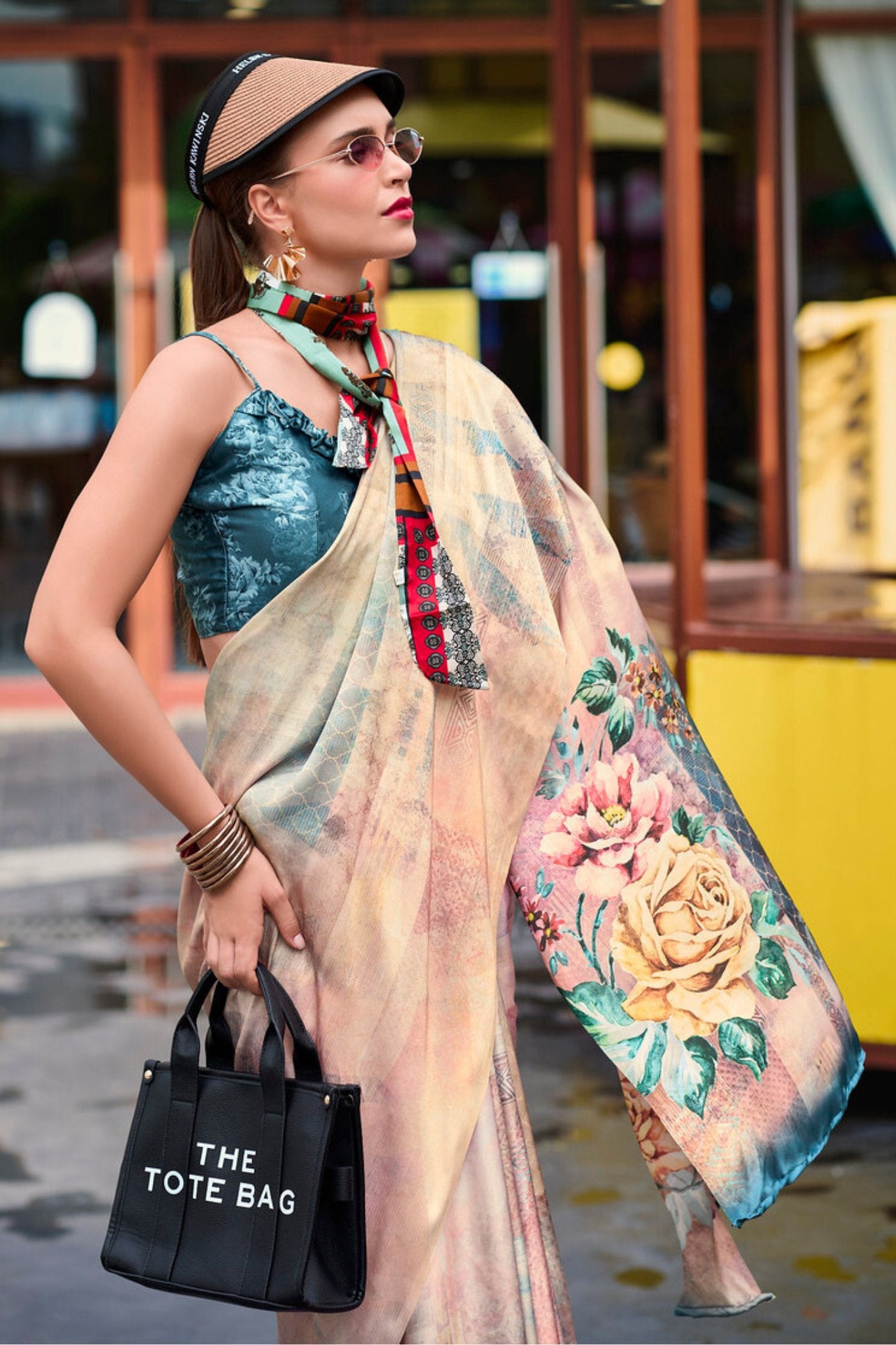 Buy MySilkLove Almond Cream Printed Satin Crepe Silk Saree Online