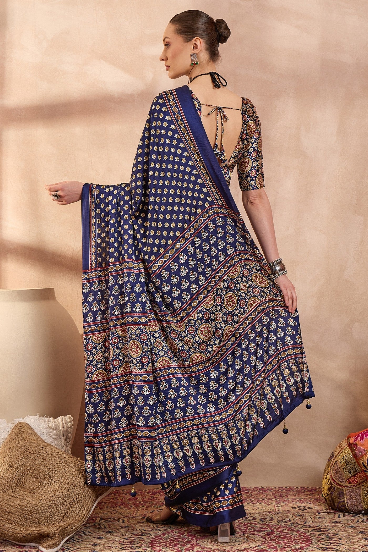 Buy MySilkLove Berry Blue Modal Ajrakh Satin Printed Silk Saree Online