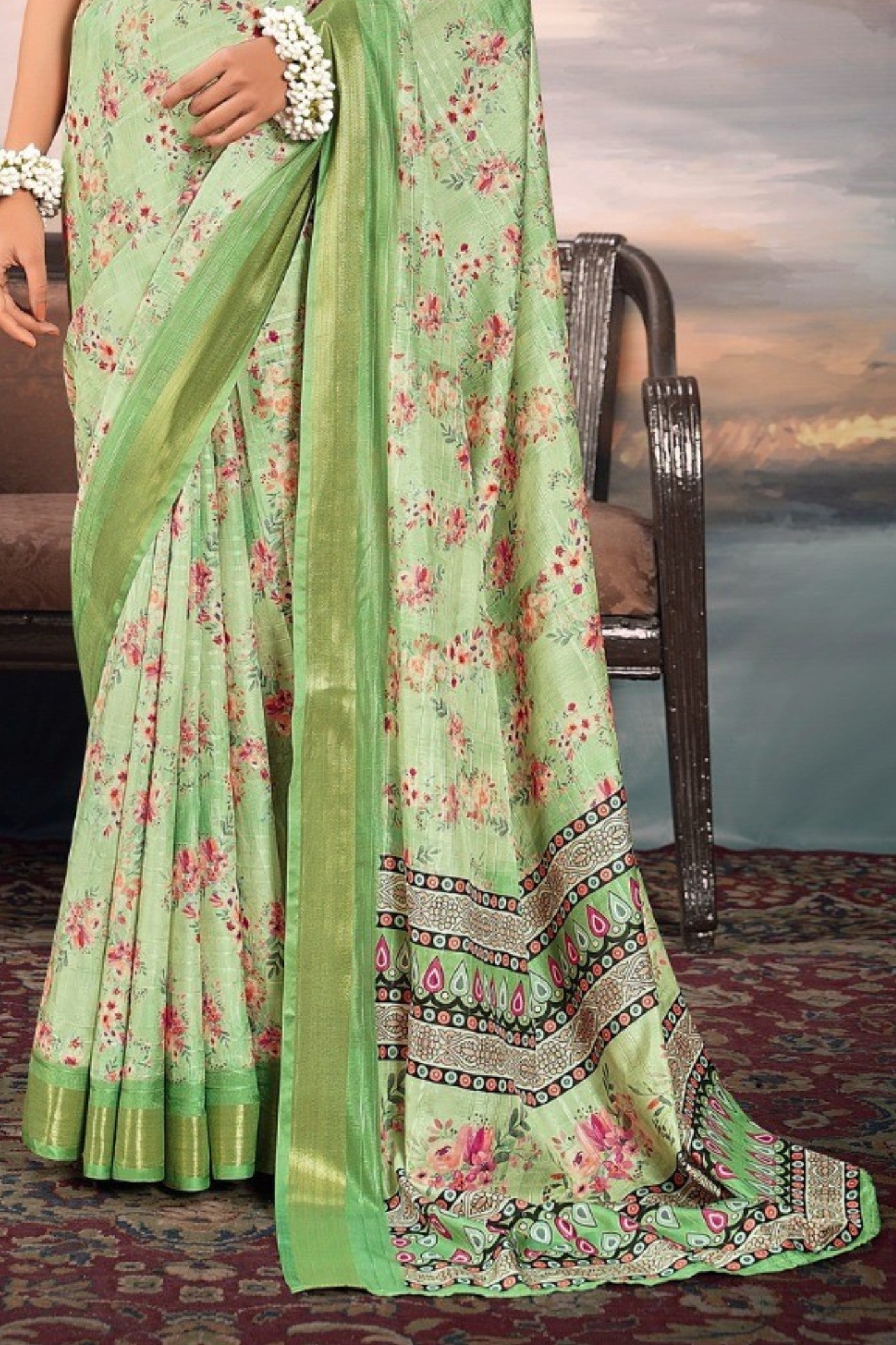 Buy MySilkLove Gurkha Green Digital Printed Cotton Saree Online