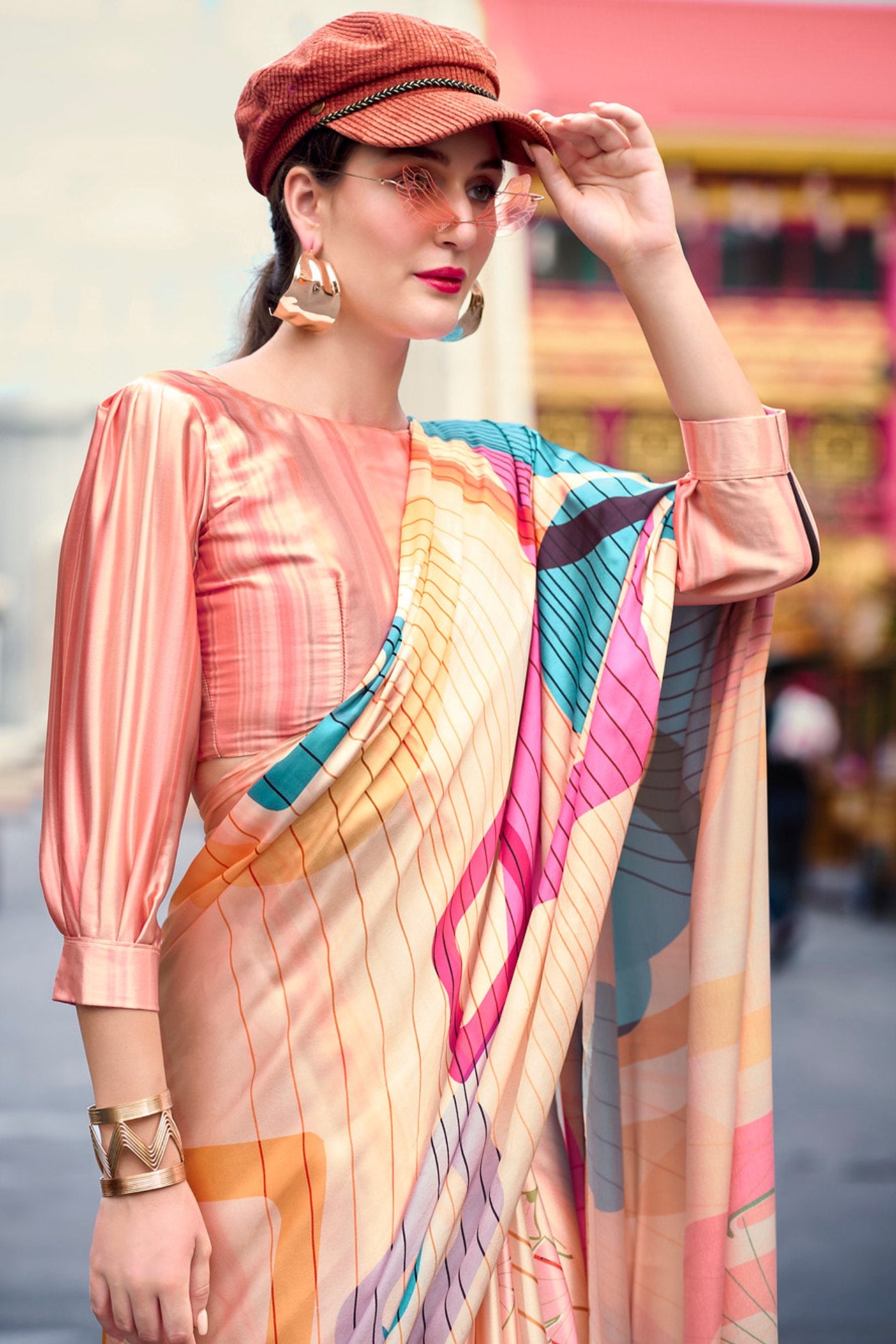 MySilkLove Chardonnay Orange Printed Satin Crepe Silk Saree