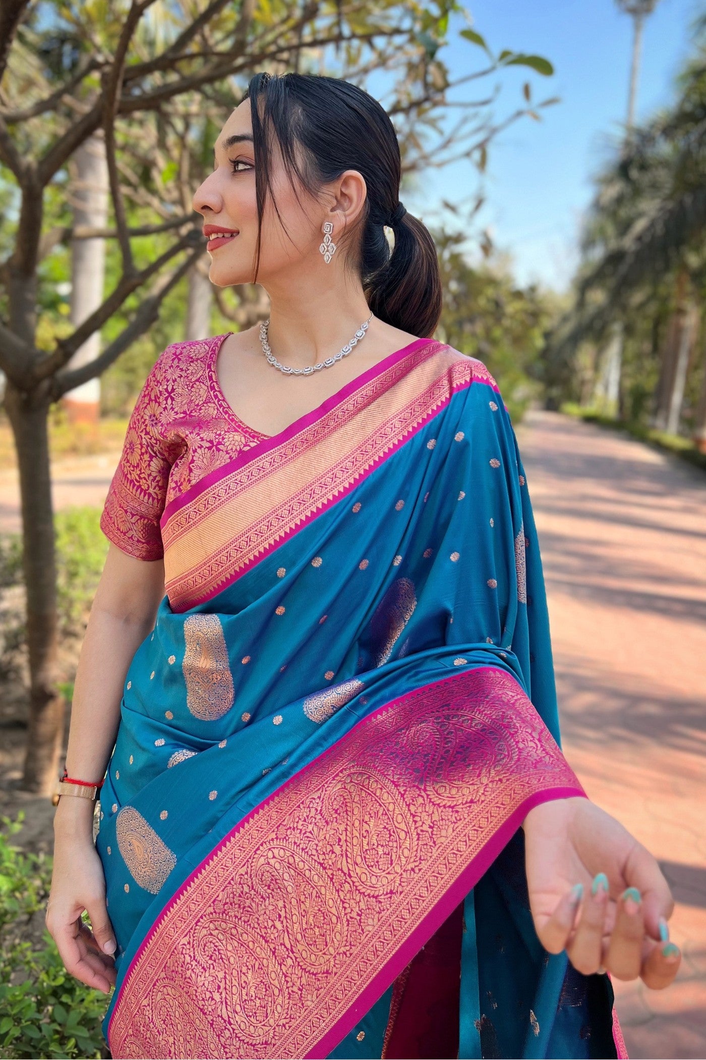 MySilkLove Curious Blue and Pink Zari Woven Banarasi Saree