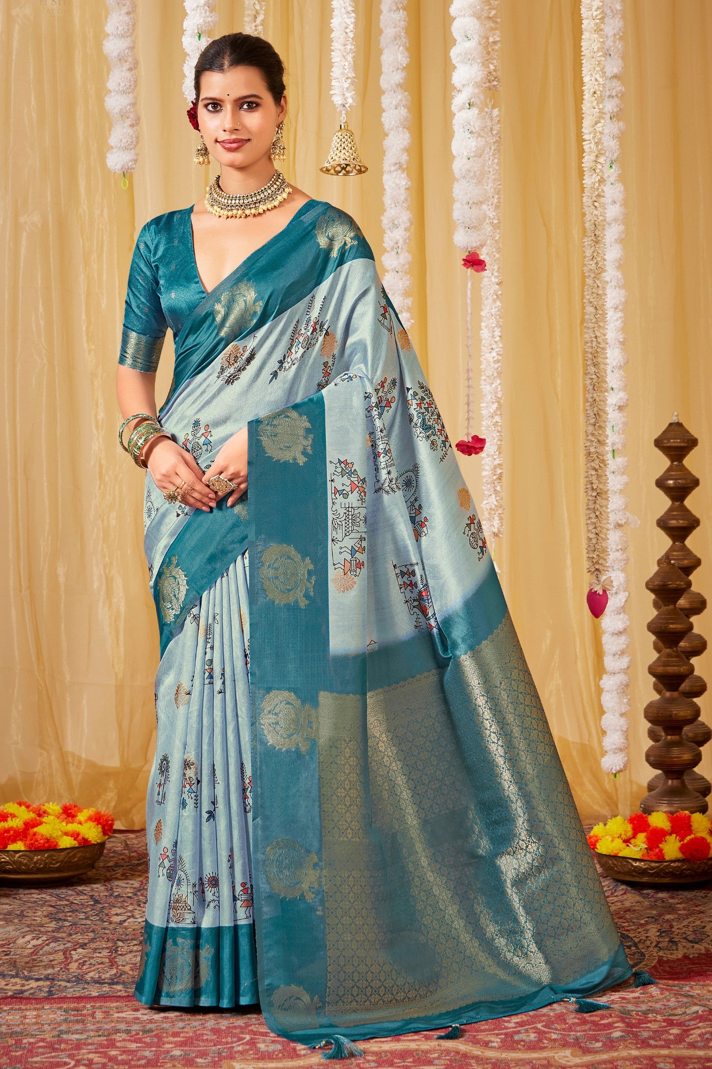 Buy MySilkLove Neptune Blue Kalamkari Printed Saree Online