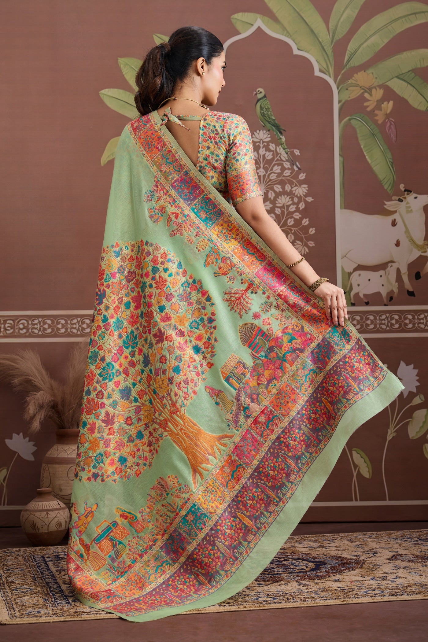 Buy MySilkLove Pista Green Kashmiri Handllom Jamewar Saree Online
