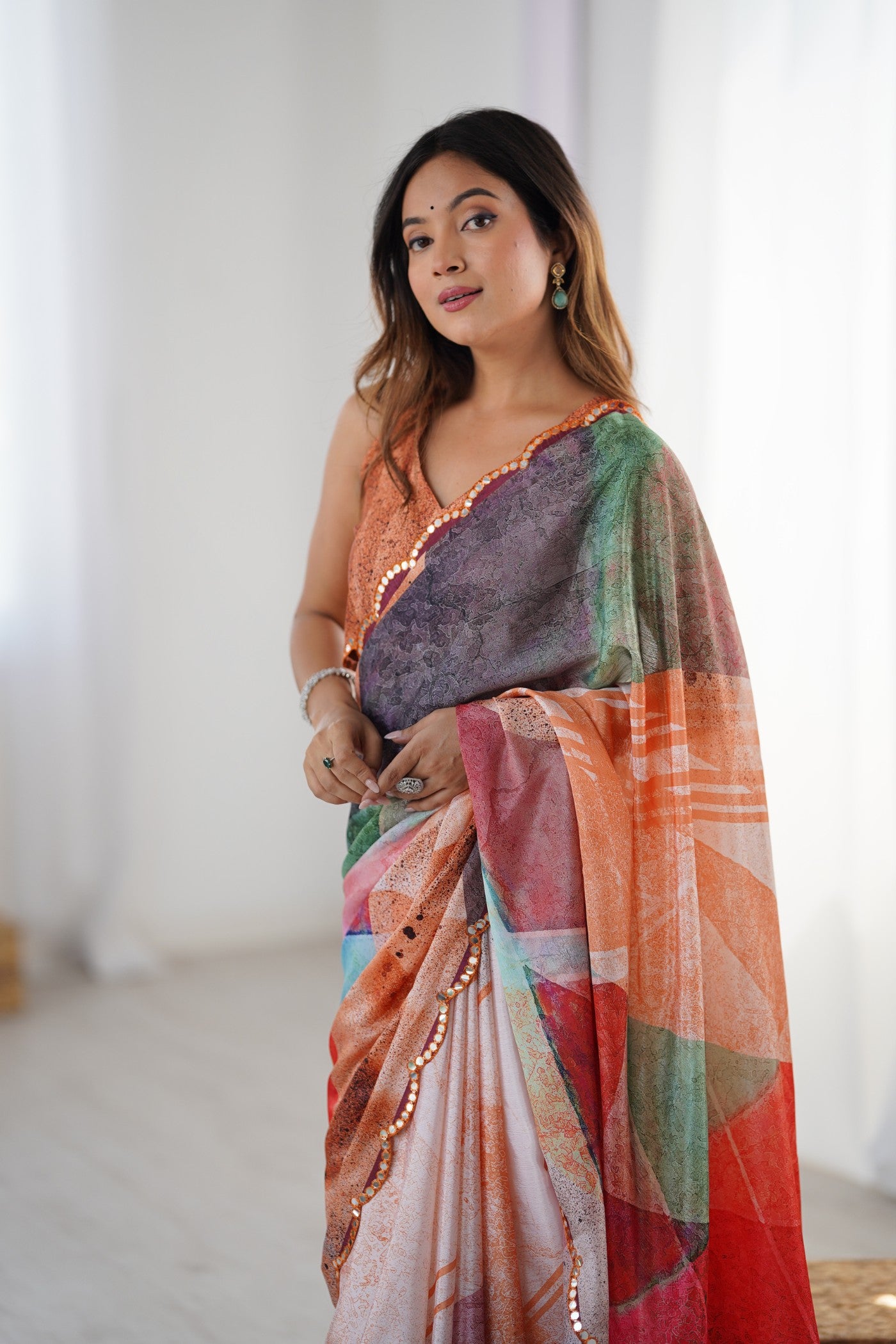 MySilkLove Orange Multicolor Chinon Partywear Saree