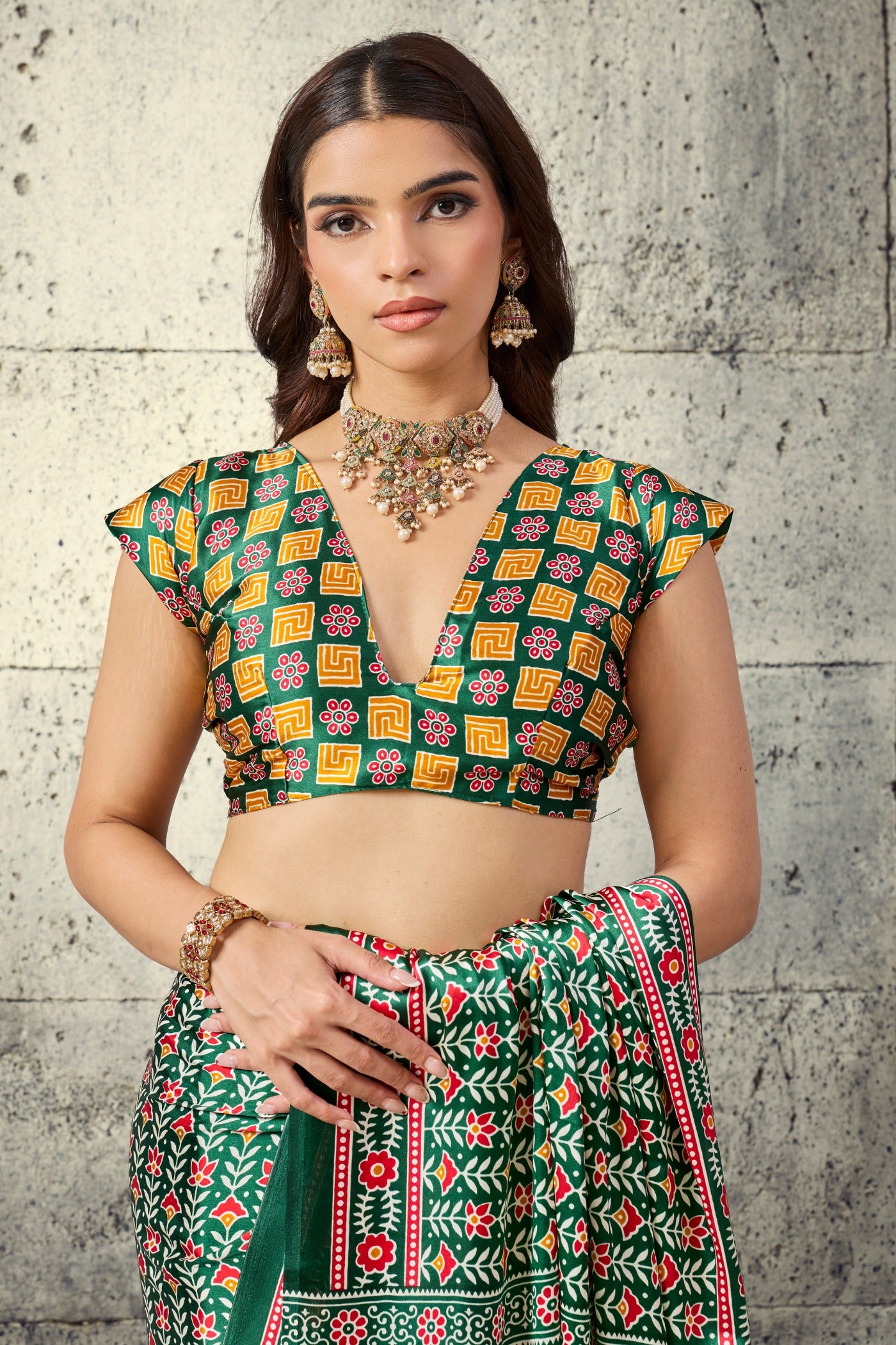 Buy MySilkLove Myrtle Green Modal Ajrakh Satin Printed Silk Saree Online