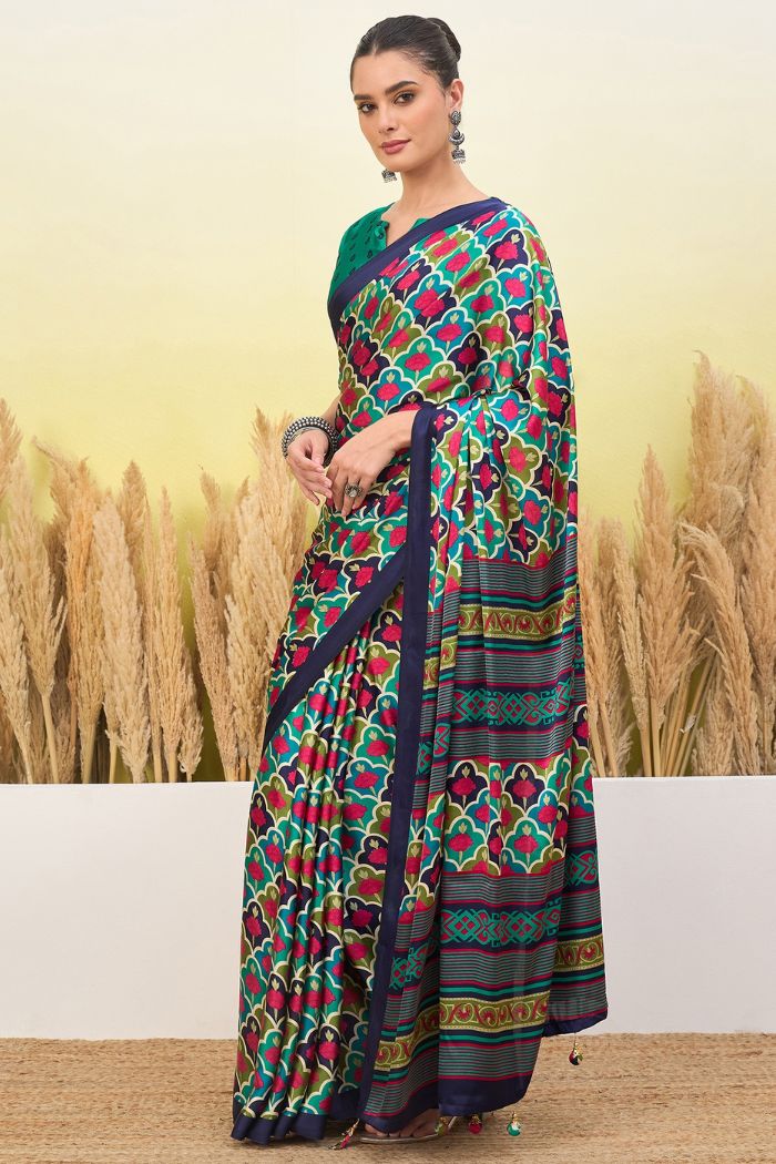 Buy MySilkLove Navy Blue and Green Modal Satin Printed Silk Saree Online