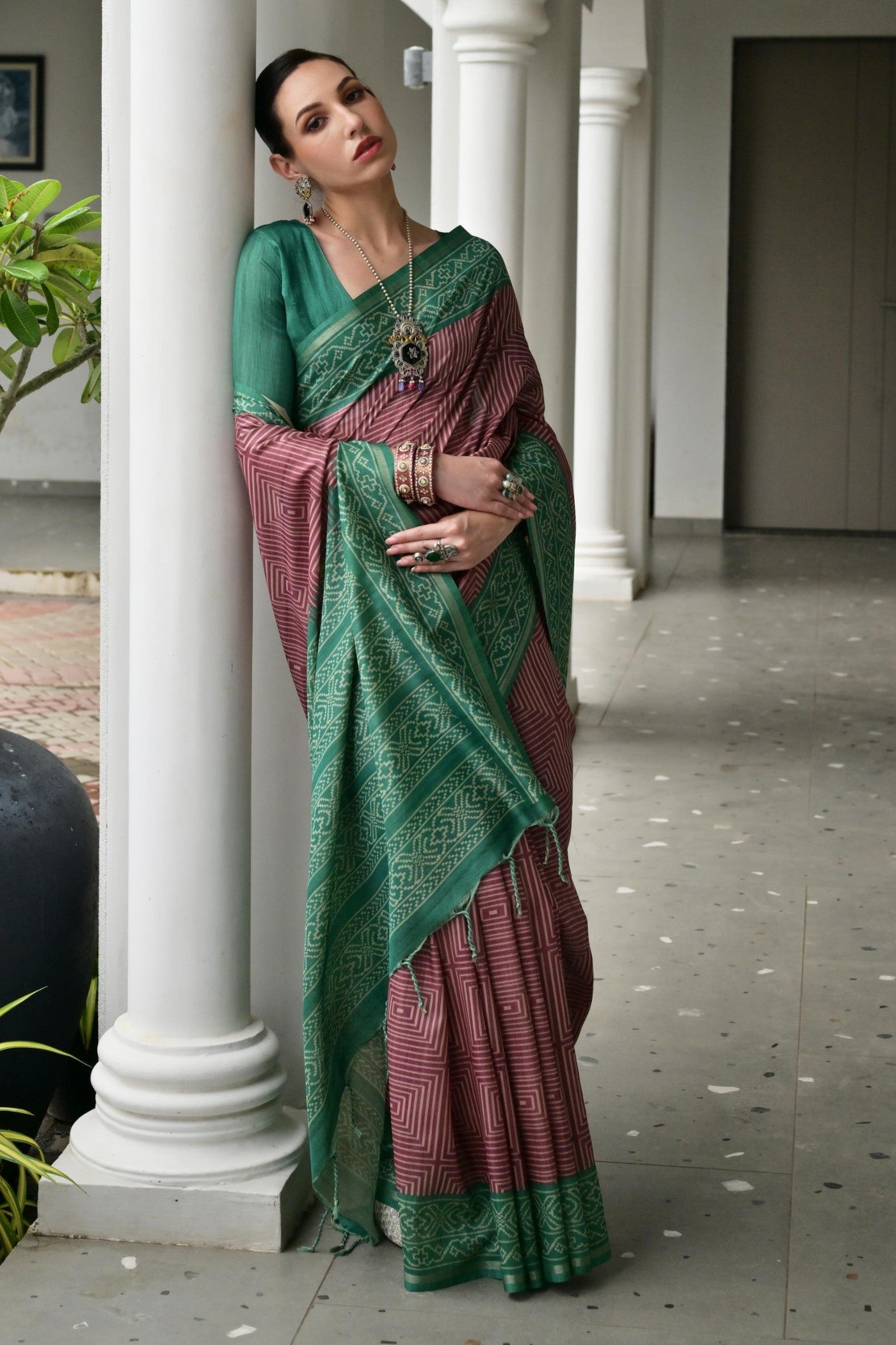 Buy MySilkLove Eggplant Purple and Green Printed Tussar Silk Saree Online