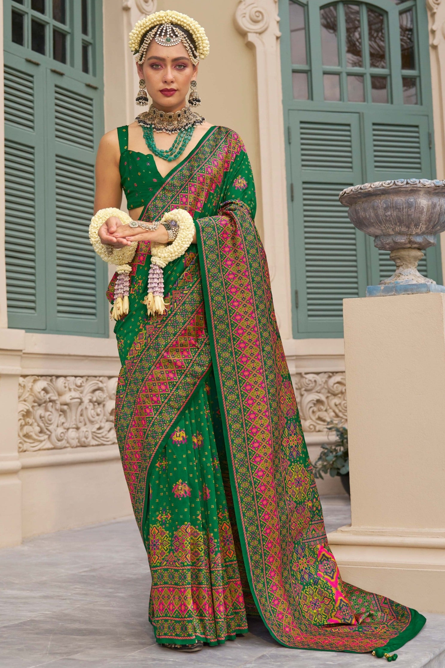 Buy MySilkLove Plant Green Printed Kashmiri Jamewar Silk Saree Online