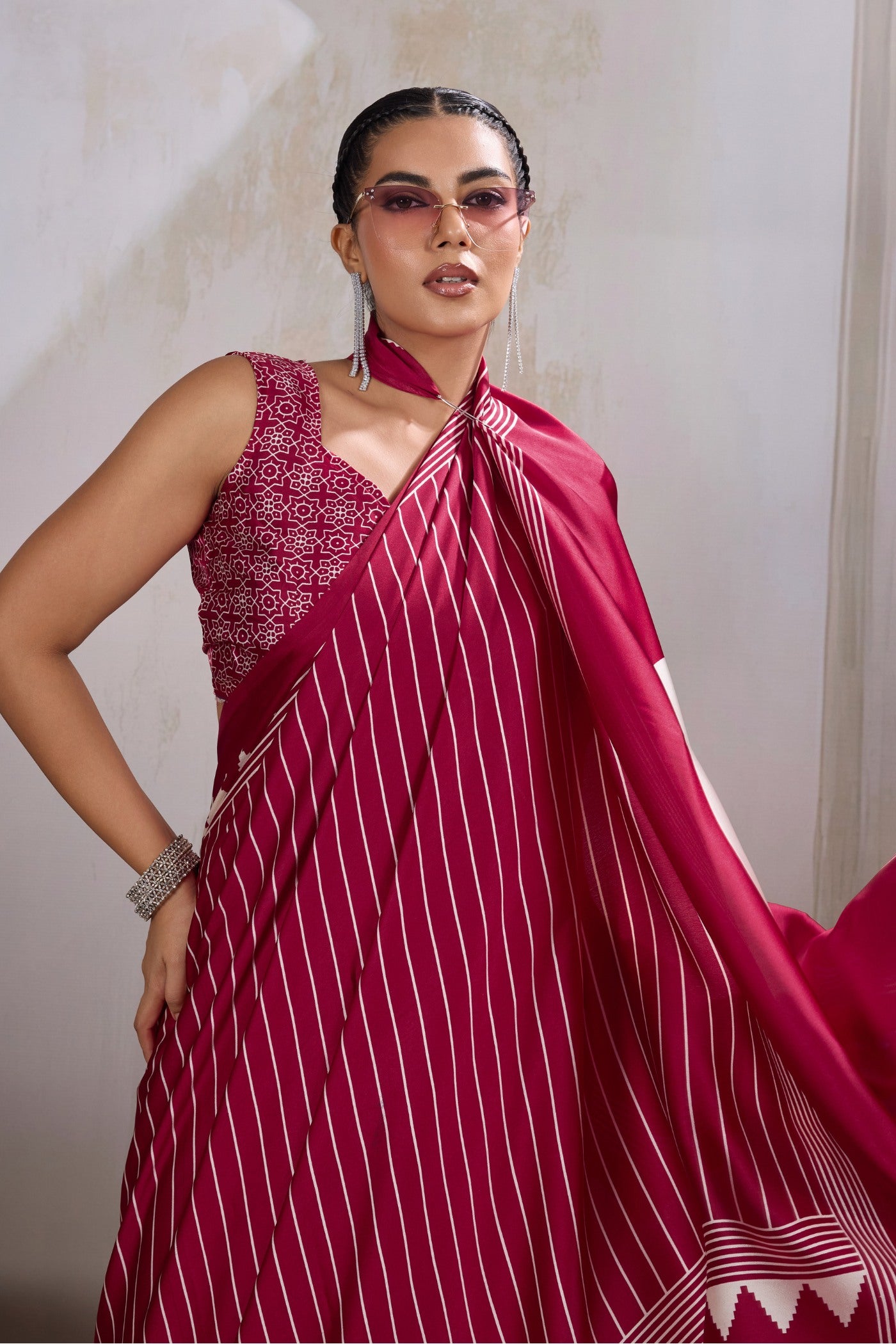 Buy MySilkLove Raspberry Red Ajrakh Printed Satin Crepe Silk Saree Online