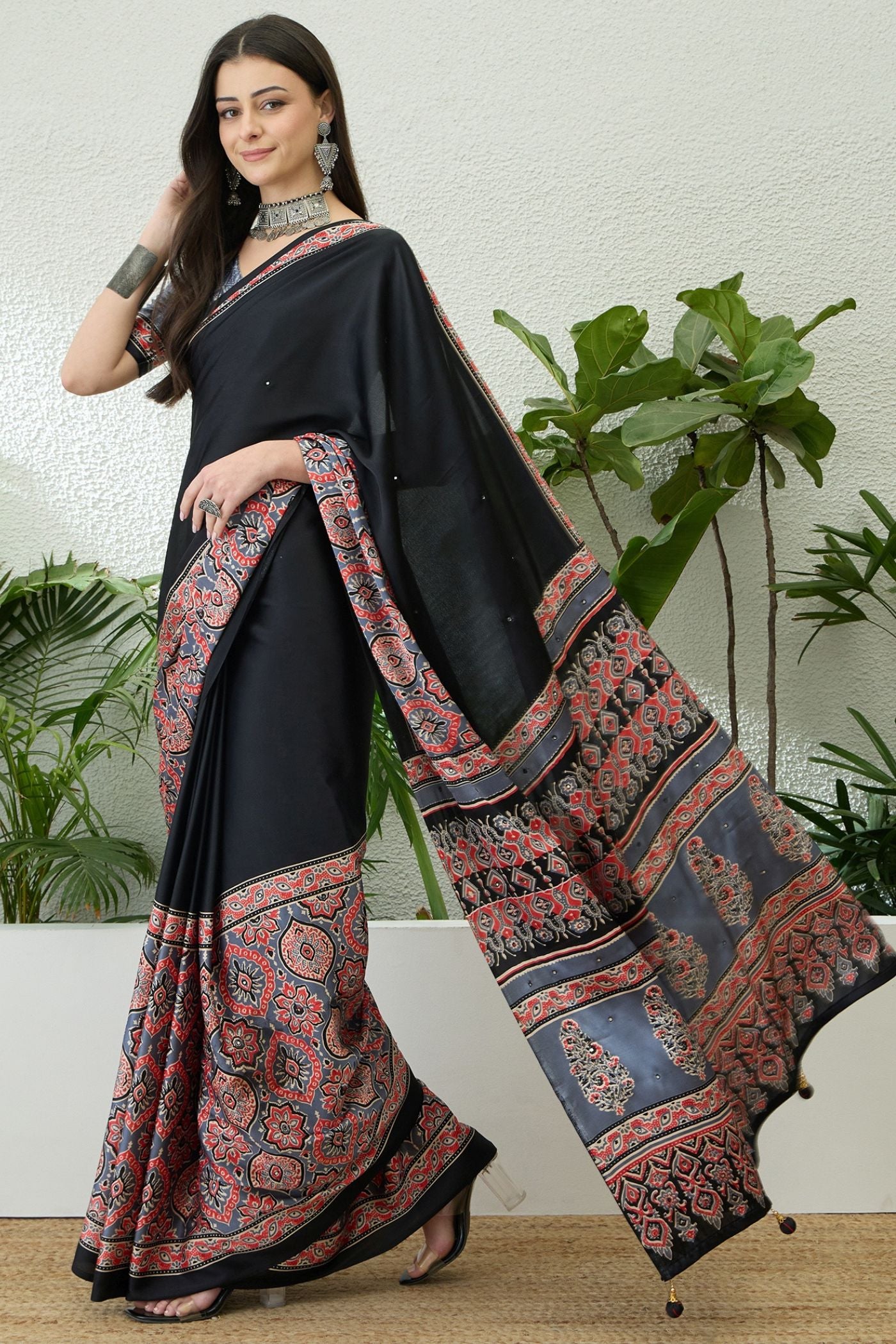 Buy MySilkLove Obsidian Black and Grey Modal Ajrakh Satin Printed Silk Saree Online