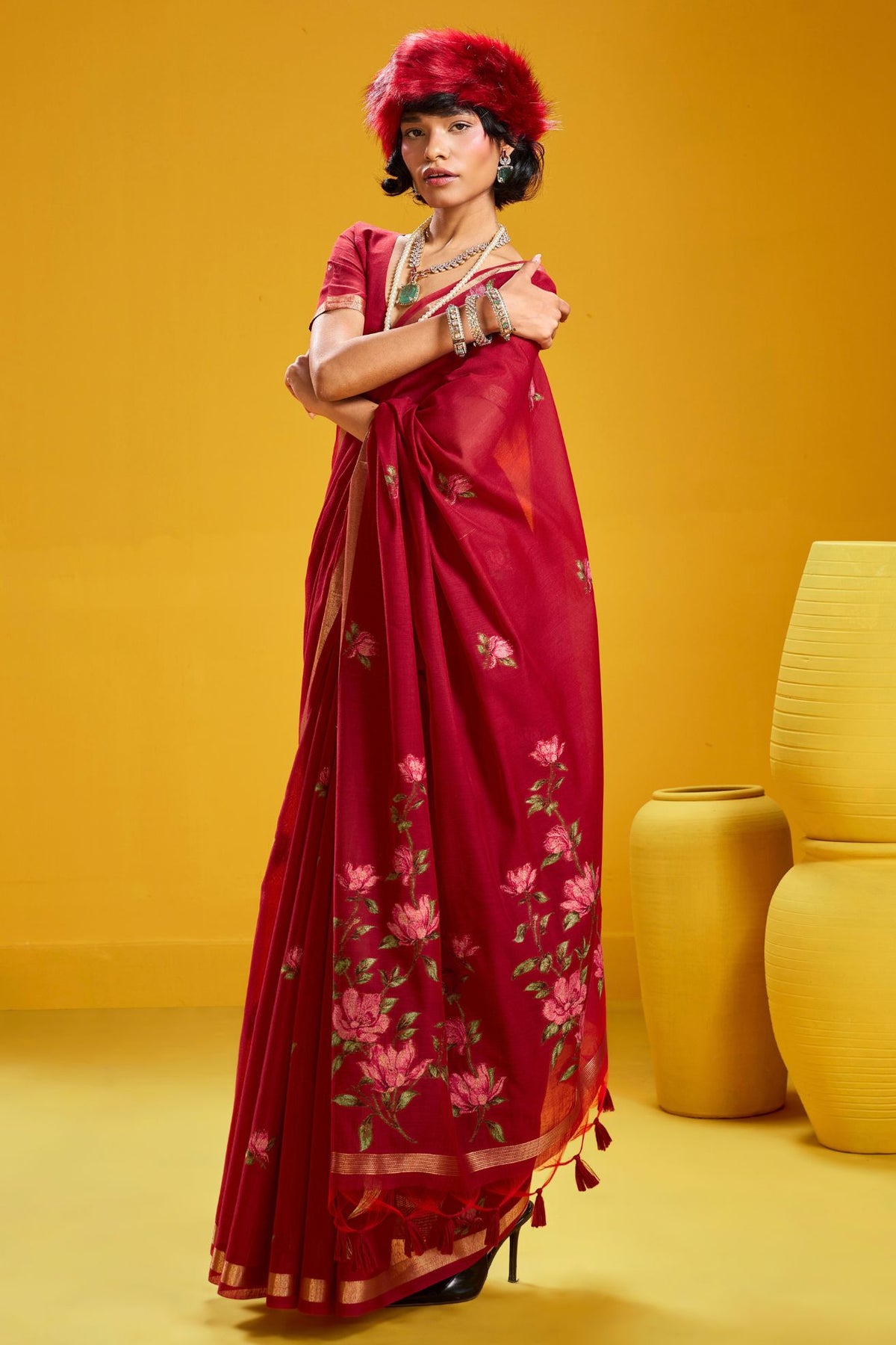 Buy MySilkLove Cherry Red Handloom Muga Cotton Saree Online