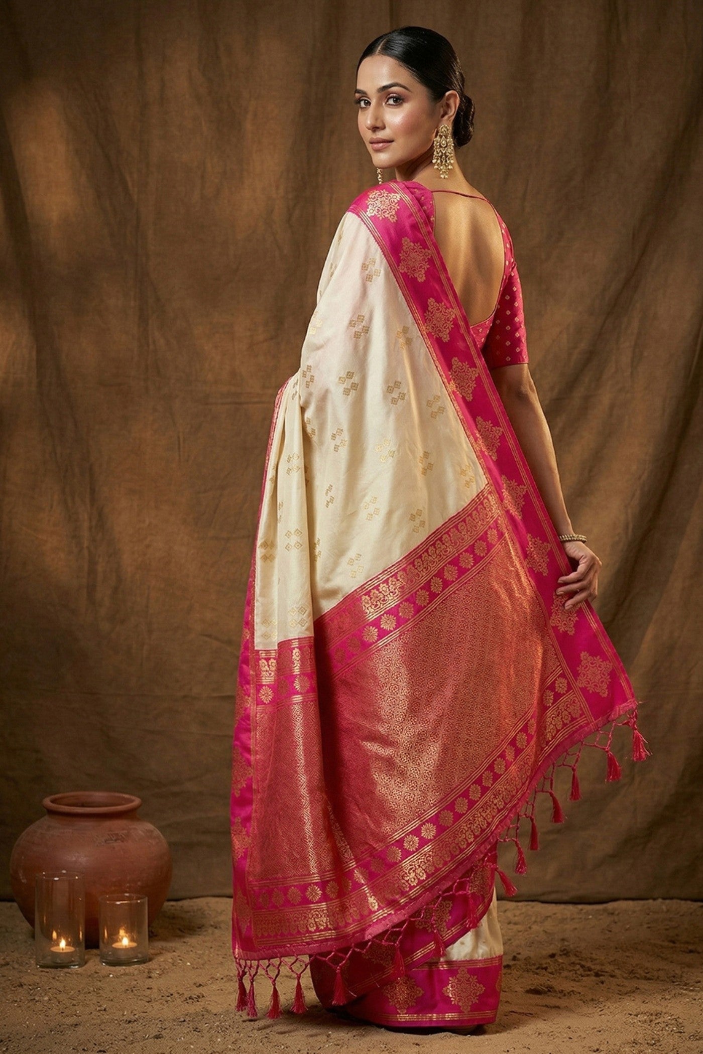 Buy MySilkLove Vanilla Cream Woven Banarasi Soft Silk Saree Online