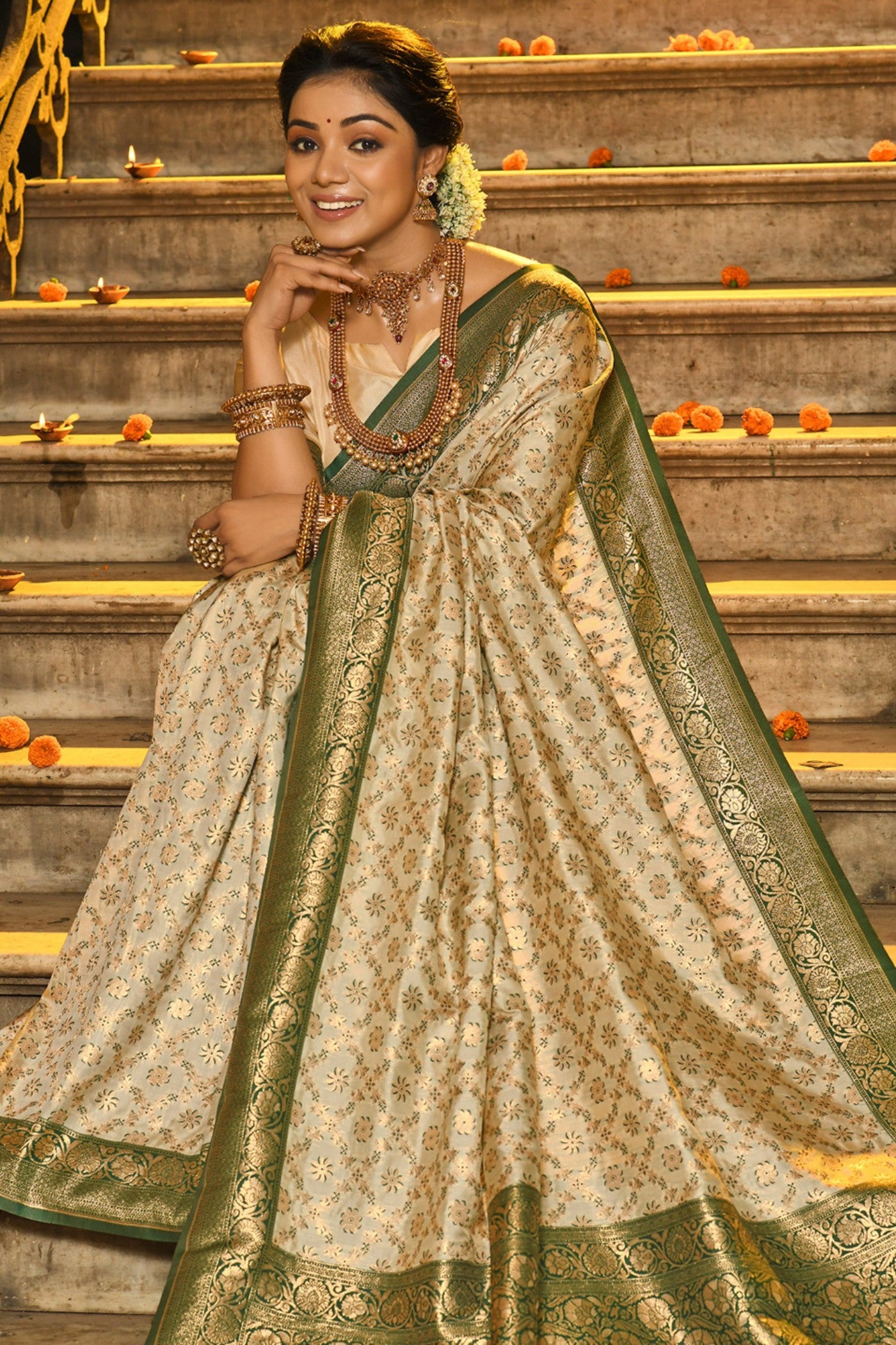 Buy MySilkLove Oat Cream Woven Banarasi Saree Online