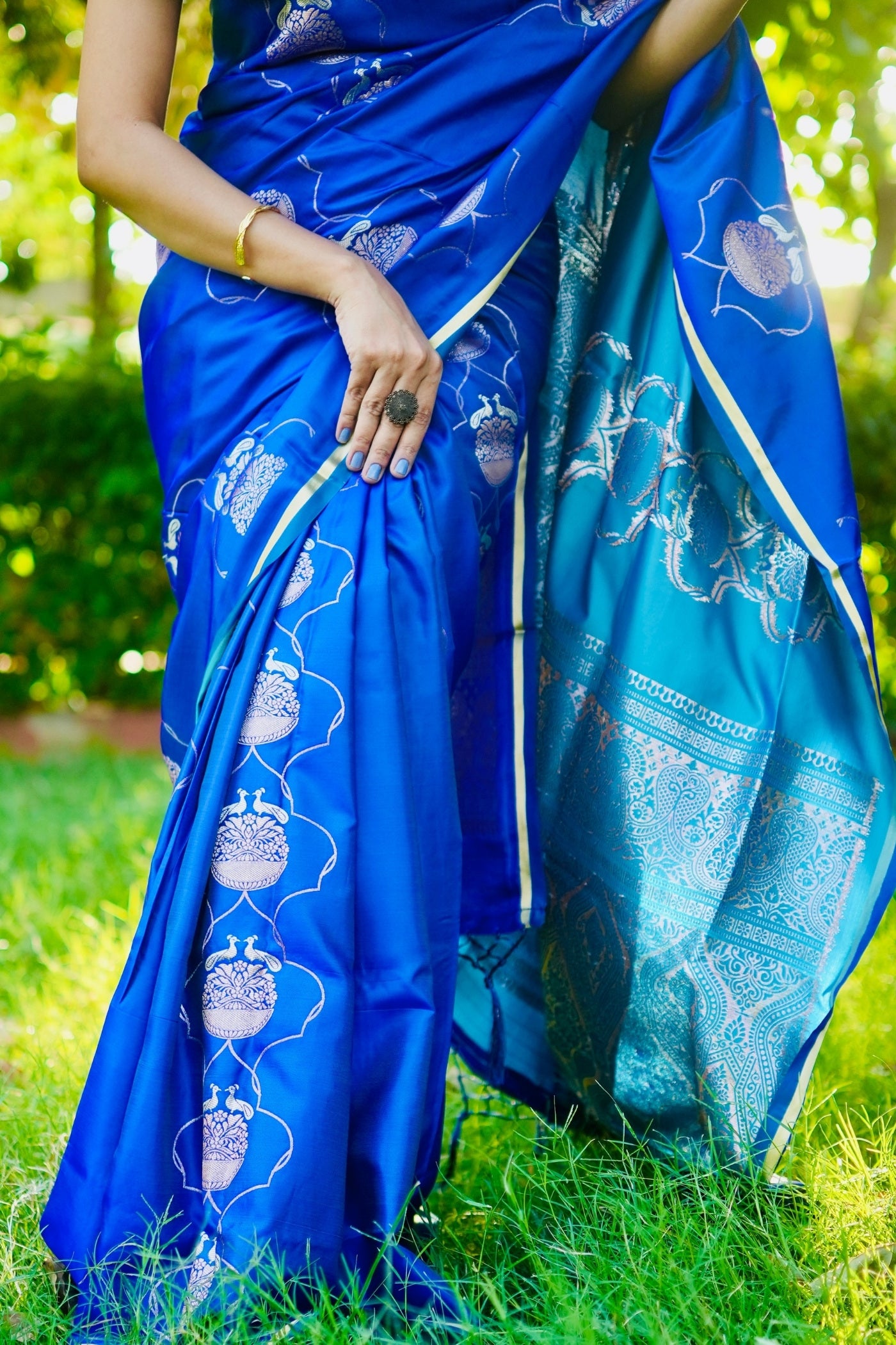 Buy MySilkLove Royal Blue Handloom Satin Silk Saree Online