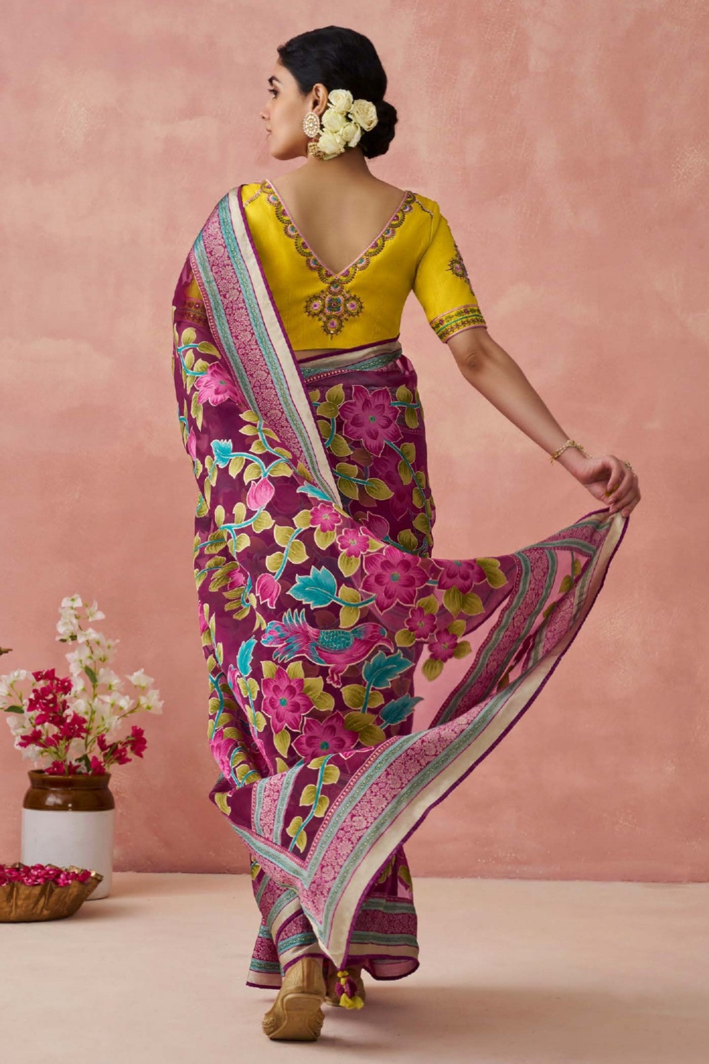 Buy MySilkLove Heath Maroon Brasso Organza Printed Saree Online