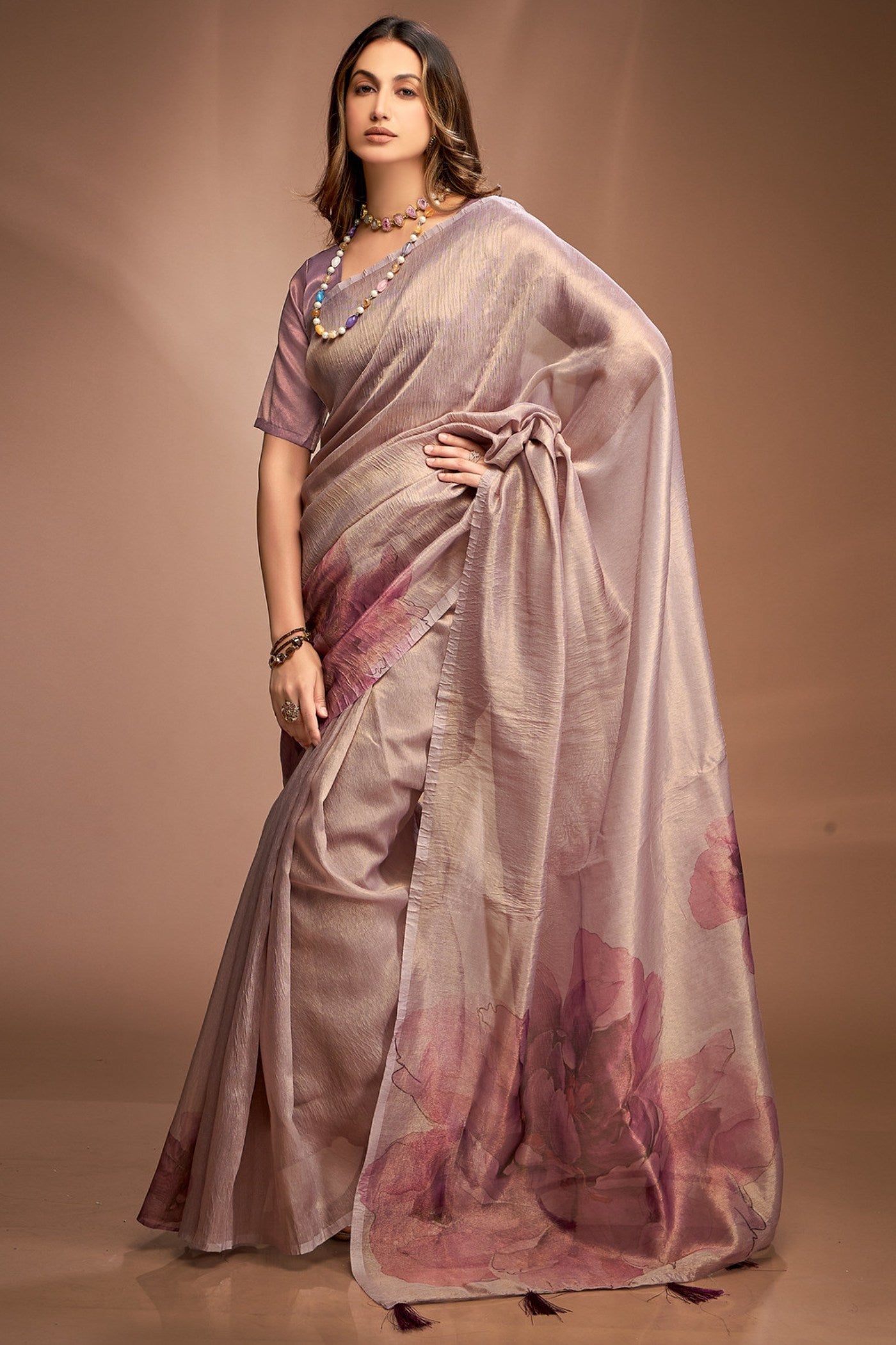 Buy MySilkLove Clematis Purple Printed Tissue Saree Online