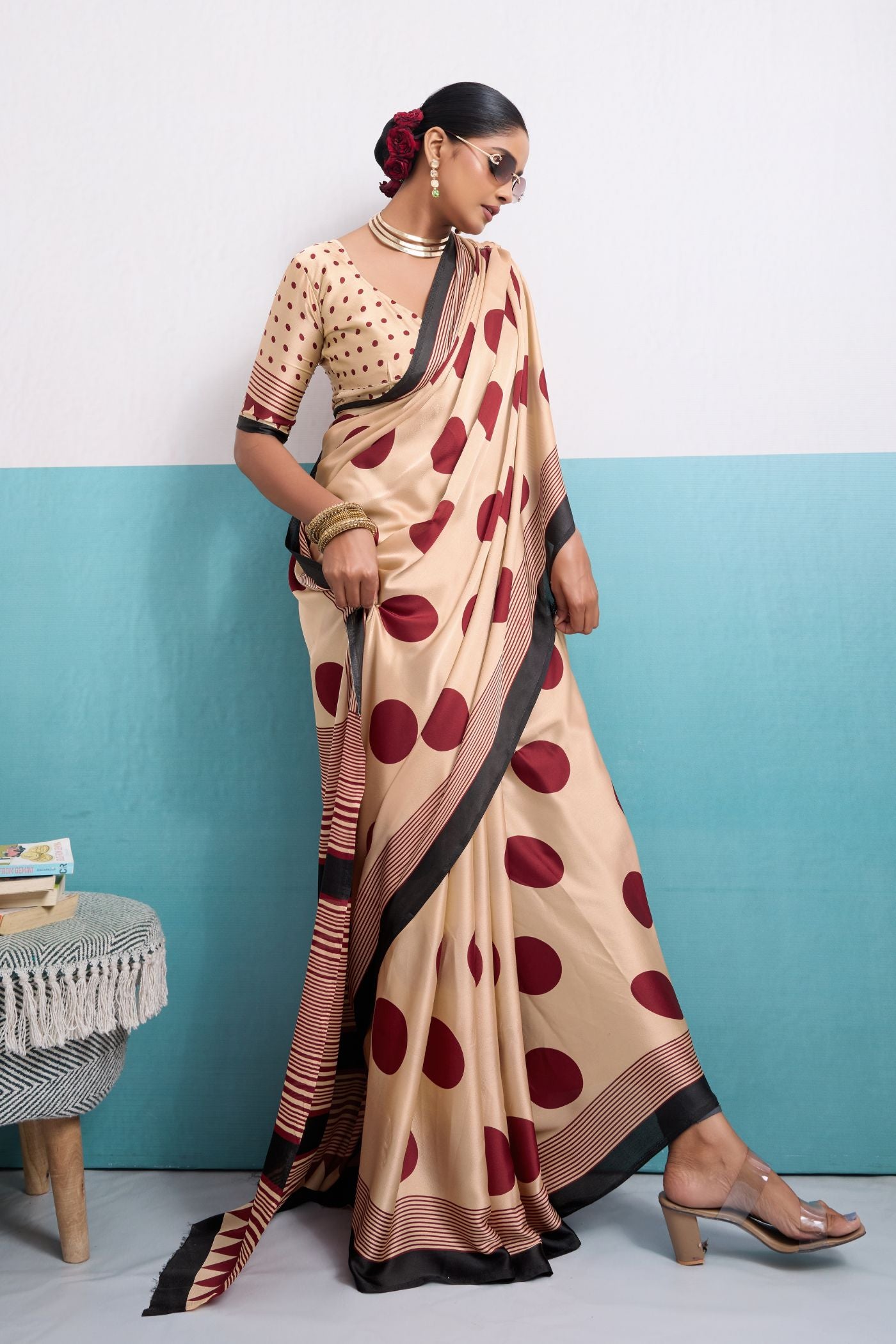 Buy MySilkLove Nectar Cream Polka Dots Satin Crepe Saree Online