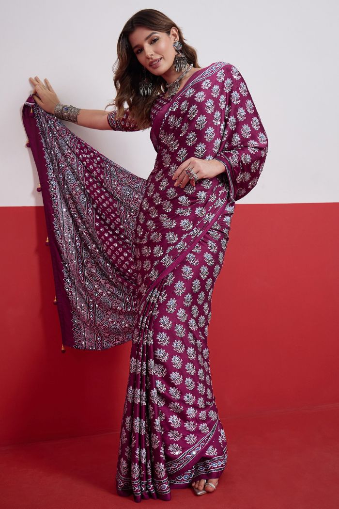 Buy MySilkLove Plum Purple Modal Ajrakh Satin Printed Mirror Work Saree Online
