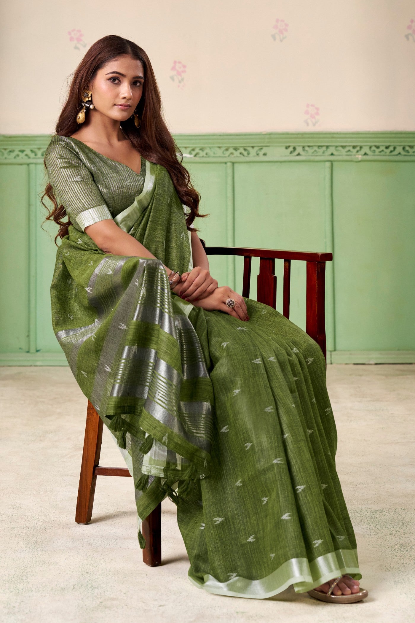 Buy MySilkLove Slimy Green Woven Linen Saree Online