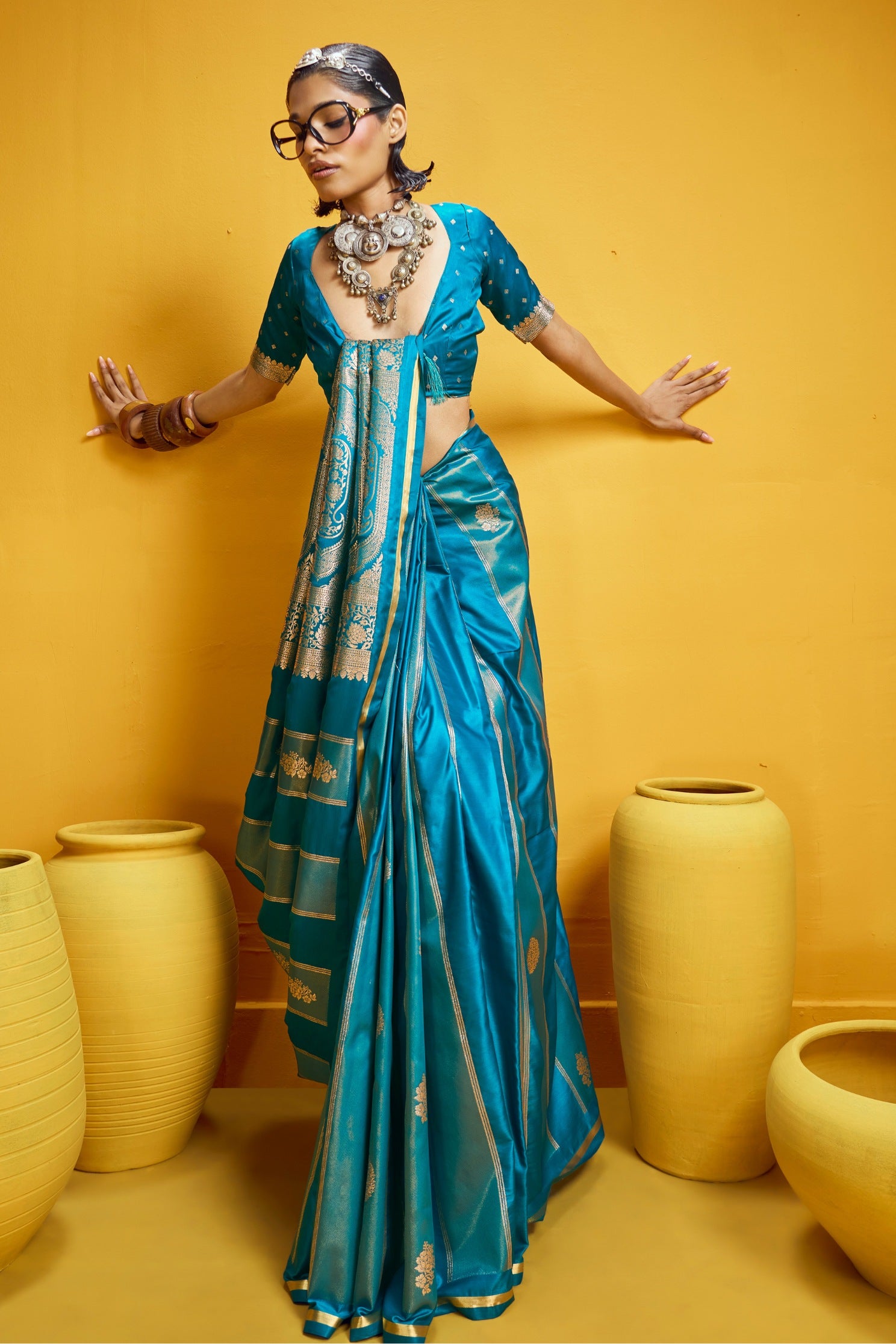 Buy MySilkLove Liberty Blue Banarasi Handloom Satin Silk Saree Online