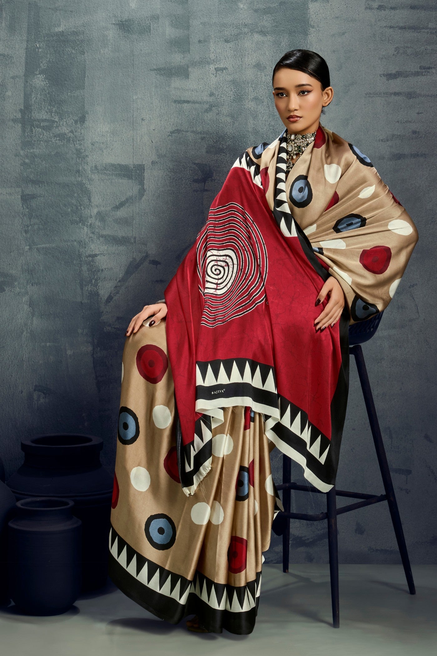 Buy MySilkLove Walnut Brown Ajrakh Printed Satin Crepe Silk Saree Online