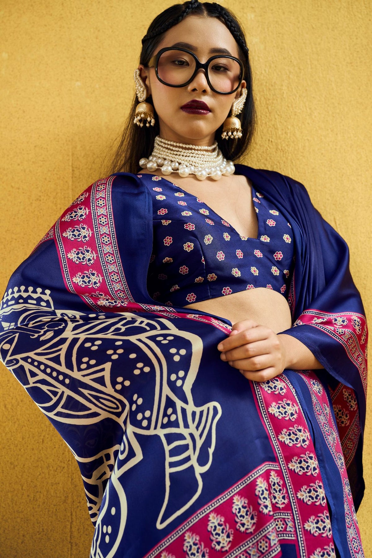 MySilkLove Azure Blue Modal Ajrakh Satin Printed Silk Saree