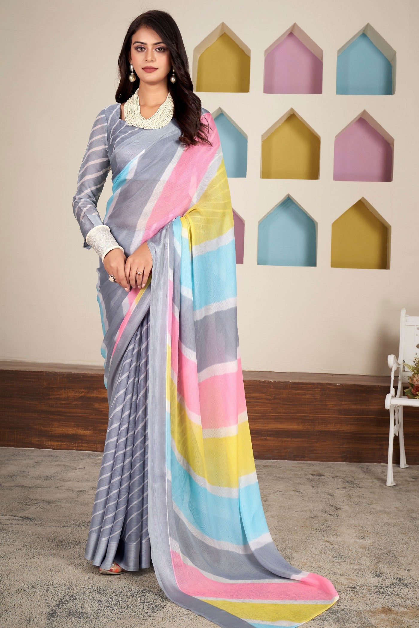 Buy MySilkLove Shark Grey Printed Satin Silk Saree Online