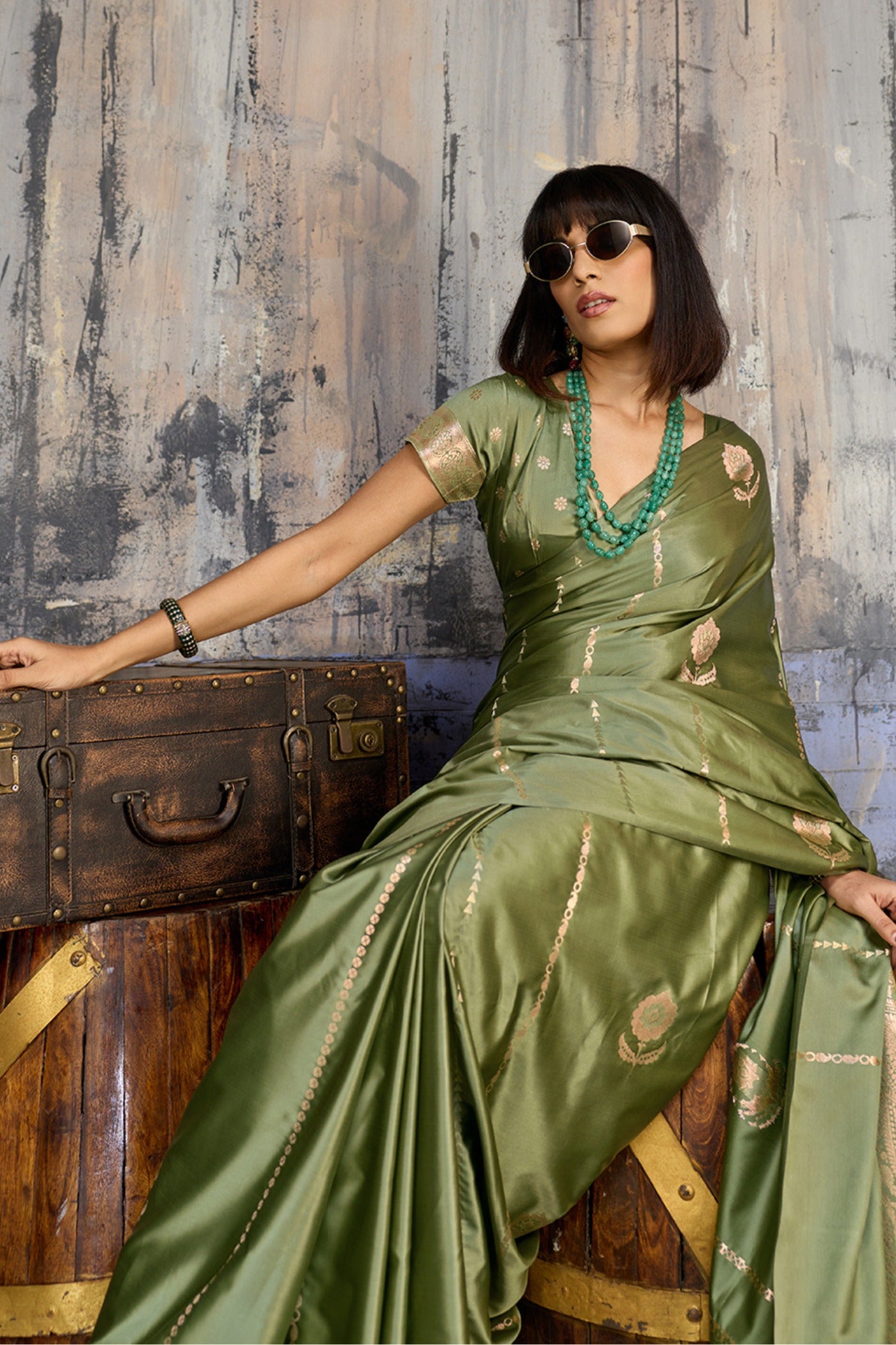 Buy MySilkLove Olive Green Handloom Satin Silk Saree Online