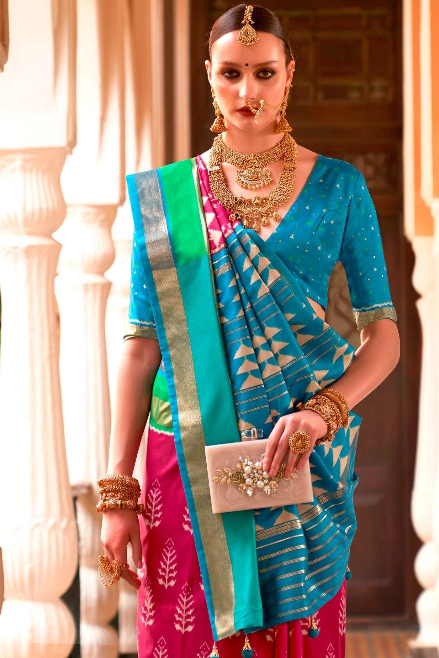 Buy MySilkLove Petal Pink and Blue Printed Patola Saree Online