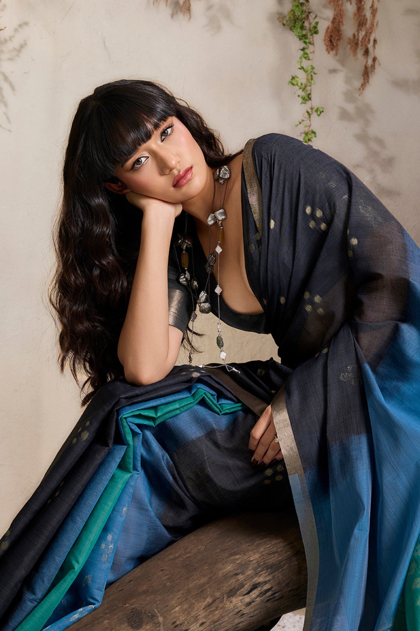 Buy MySilkLove Phantom Black and Blue Handloom Cotton Saree Online