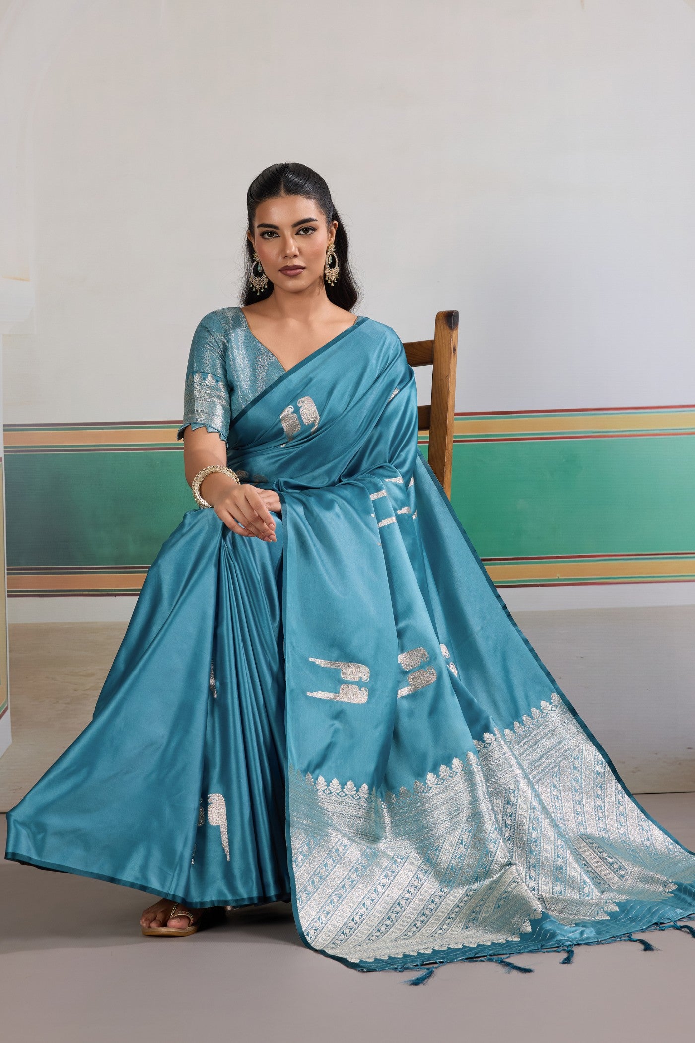 Buy MySilkLove Boston Blue Handloom Satin Soft Silk Saree Online