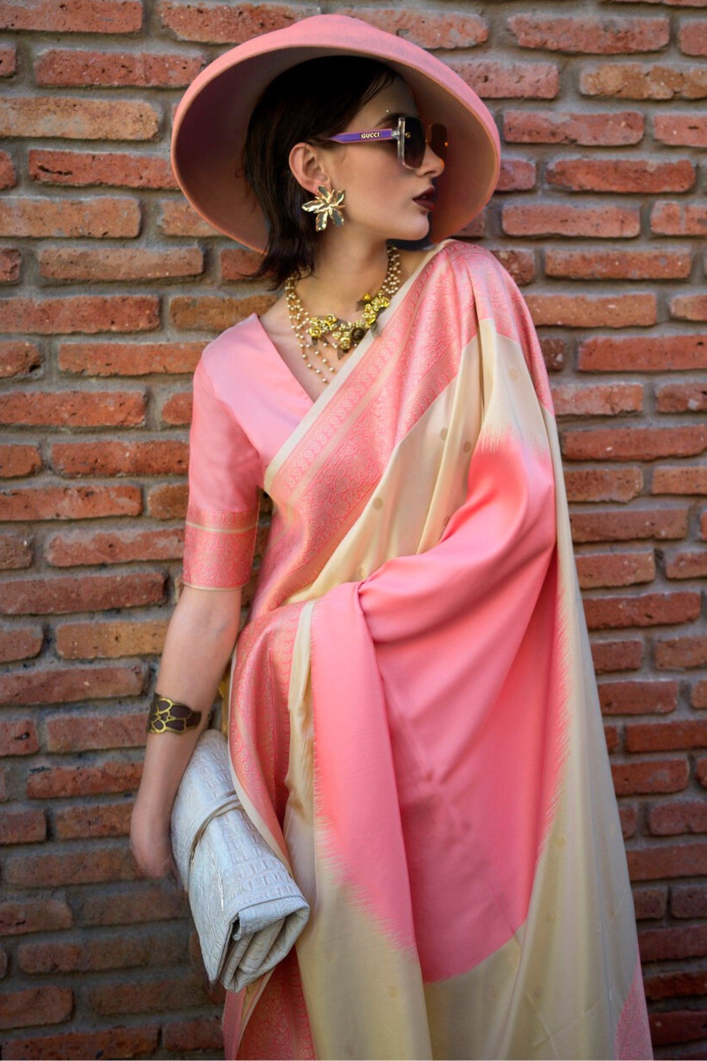 Buy MySilkLove Mancho Cream and Pink Banarasi Handloom Saree Online