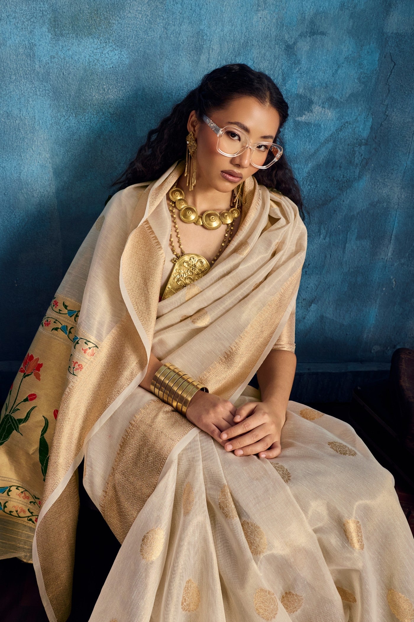 Buy MySilkLove Bone White Zari Woven Tissue Paithani Saree Online