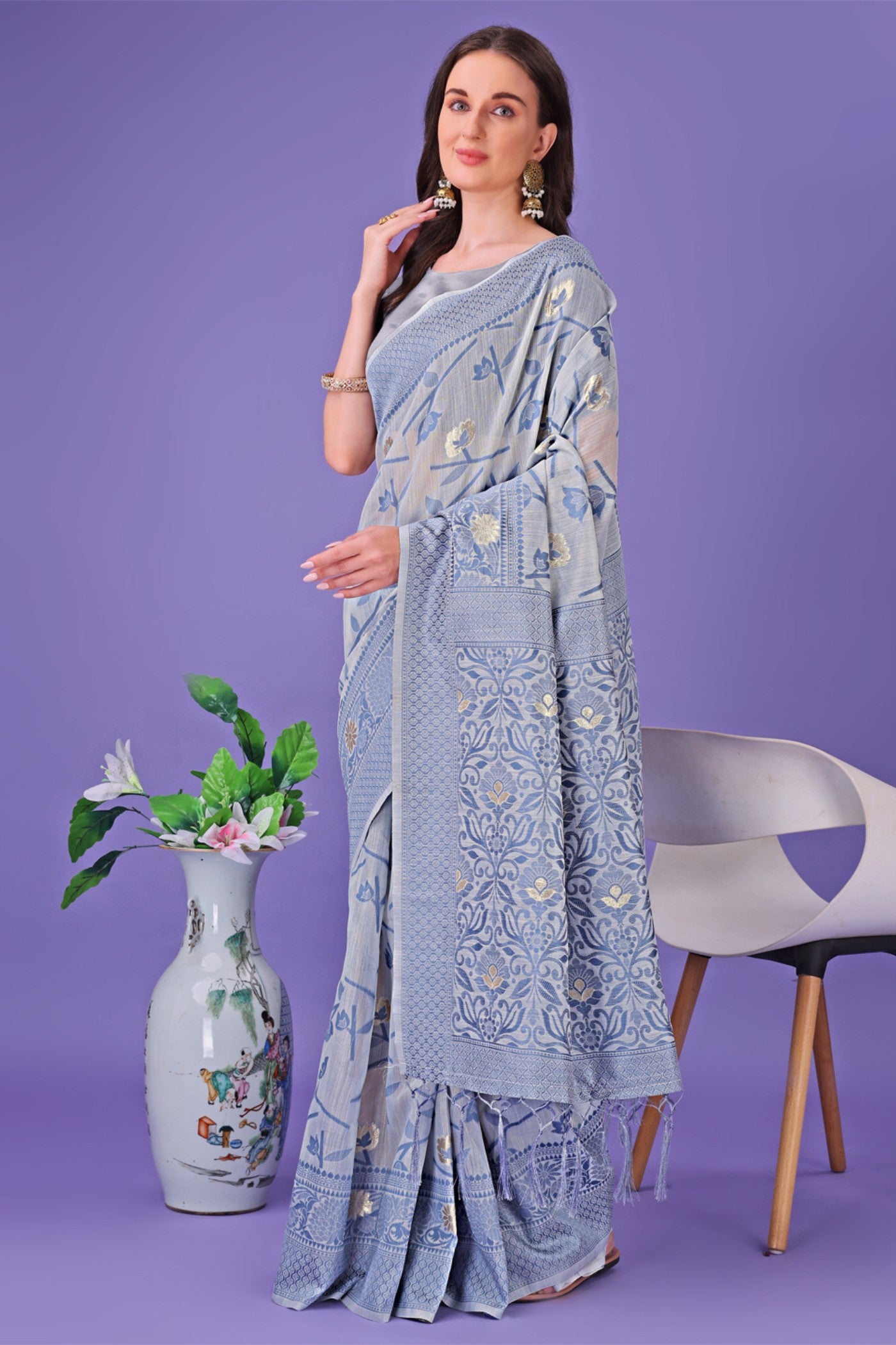 Buy MySilkLove Space Blue Linen Cotton Saree Online
