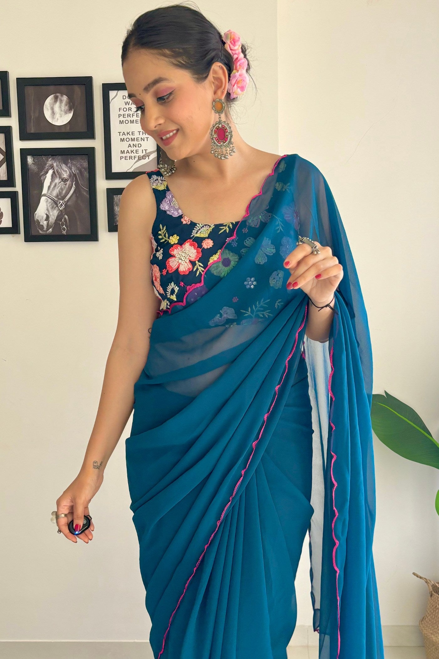 Buy MySilkLove Admiral Blue Gerogette Saree Online