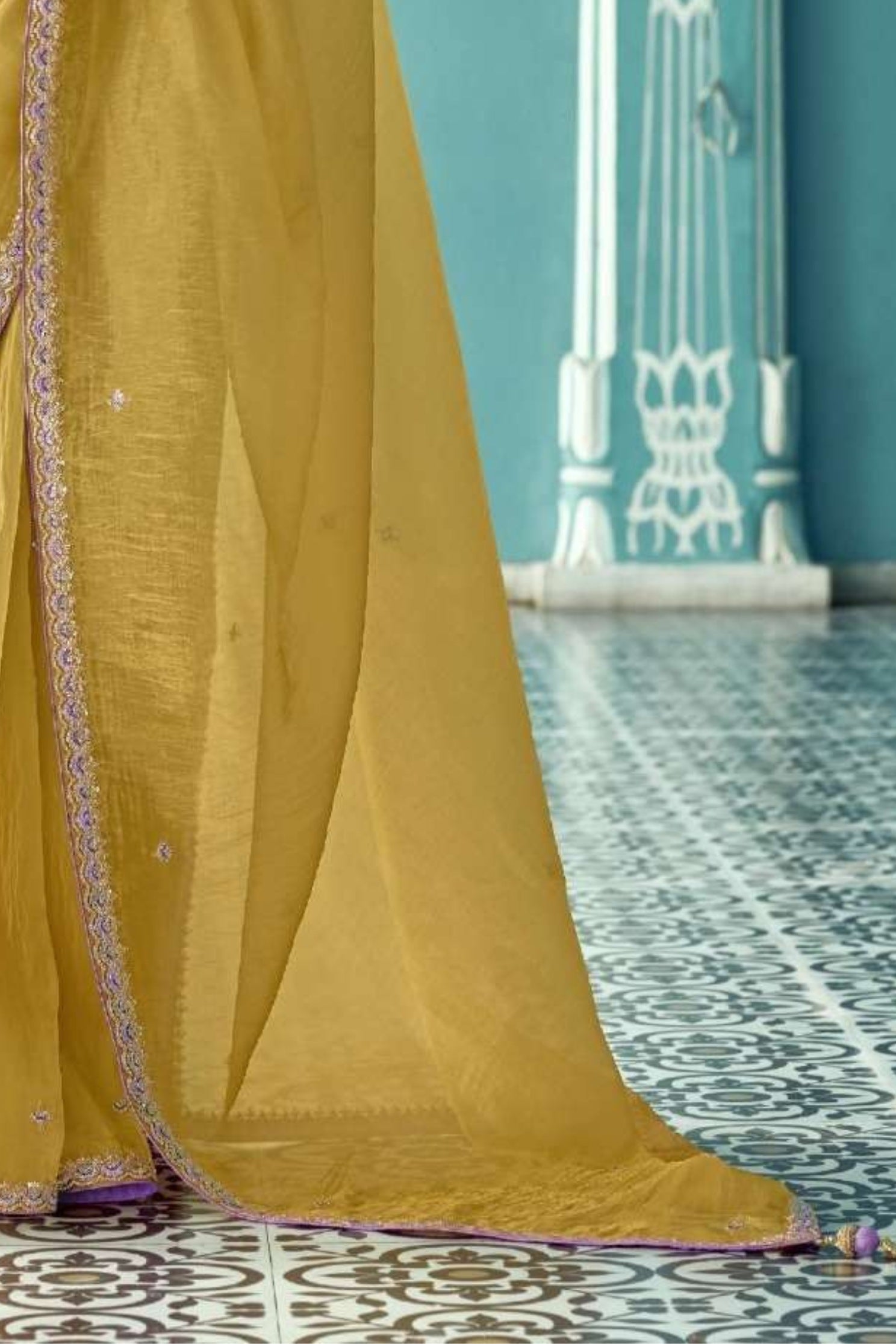 Buy MySilkLove Husk Yellow Embroidered Tissue Designer Saree Online