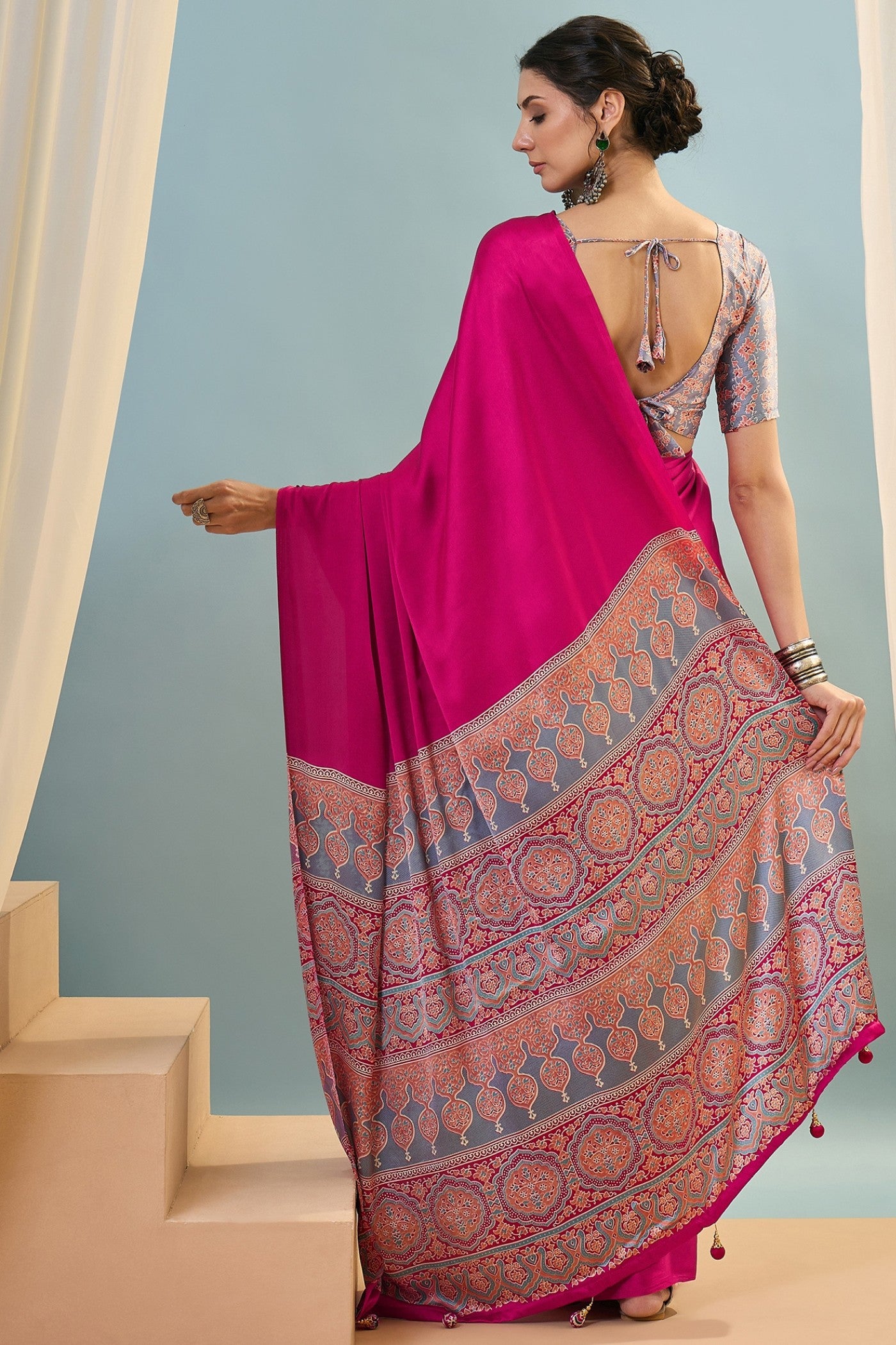 Buy MySilkLove Moonhex Pink Ajrakh Printed Satin Crepe Silk Saree Online