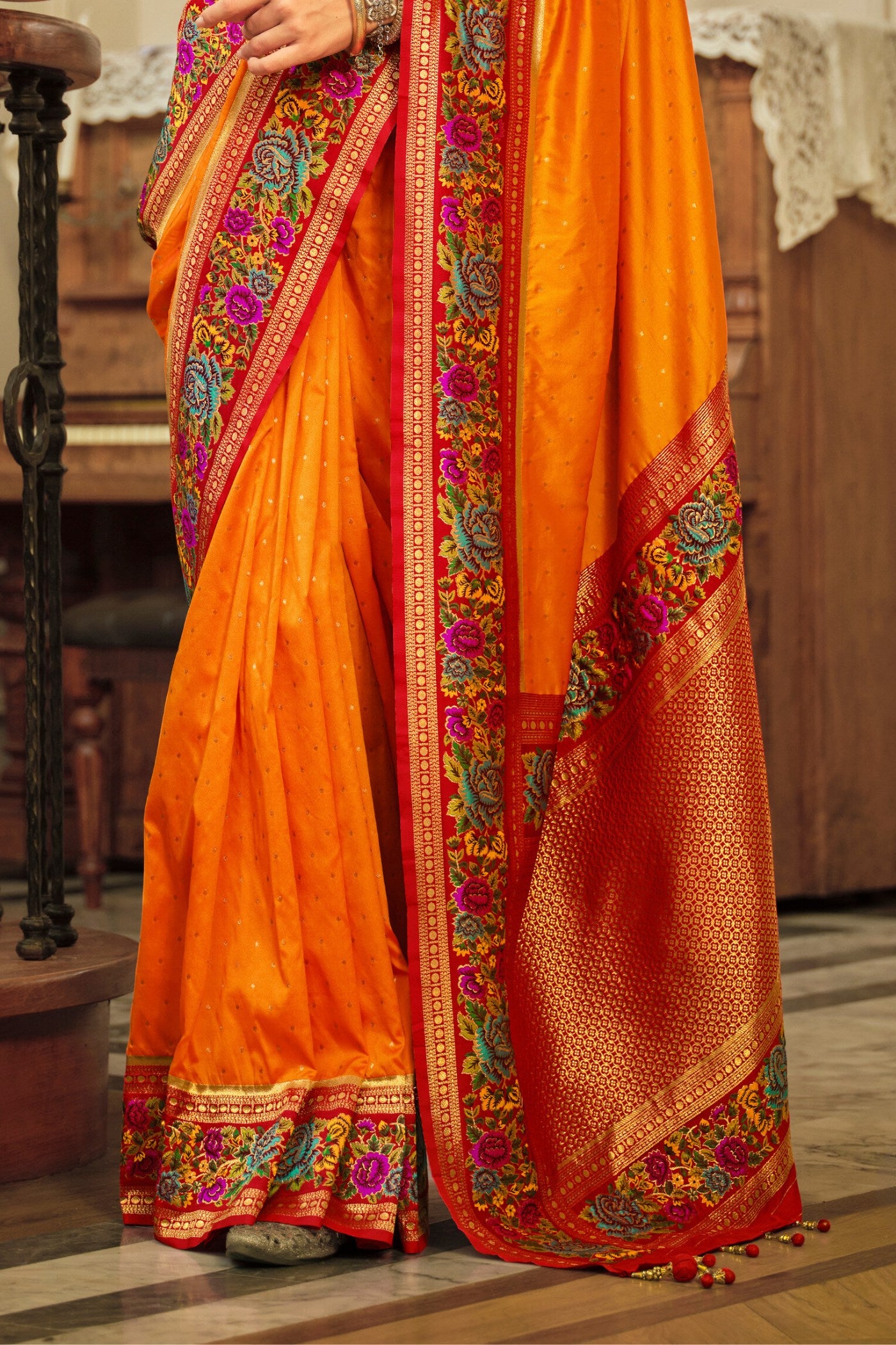 Buy MySilkLove Clementine Orange Printed Banarasi Saree Online