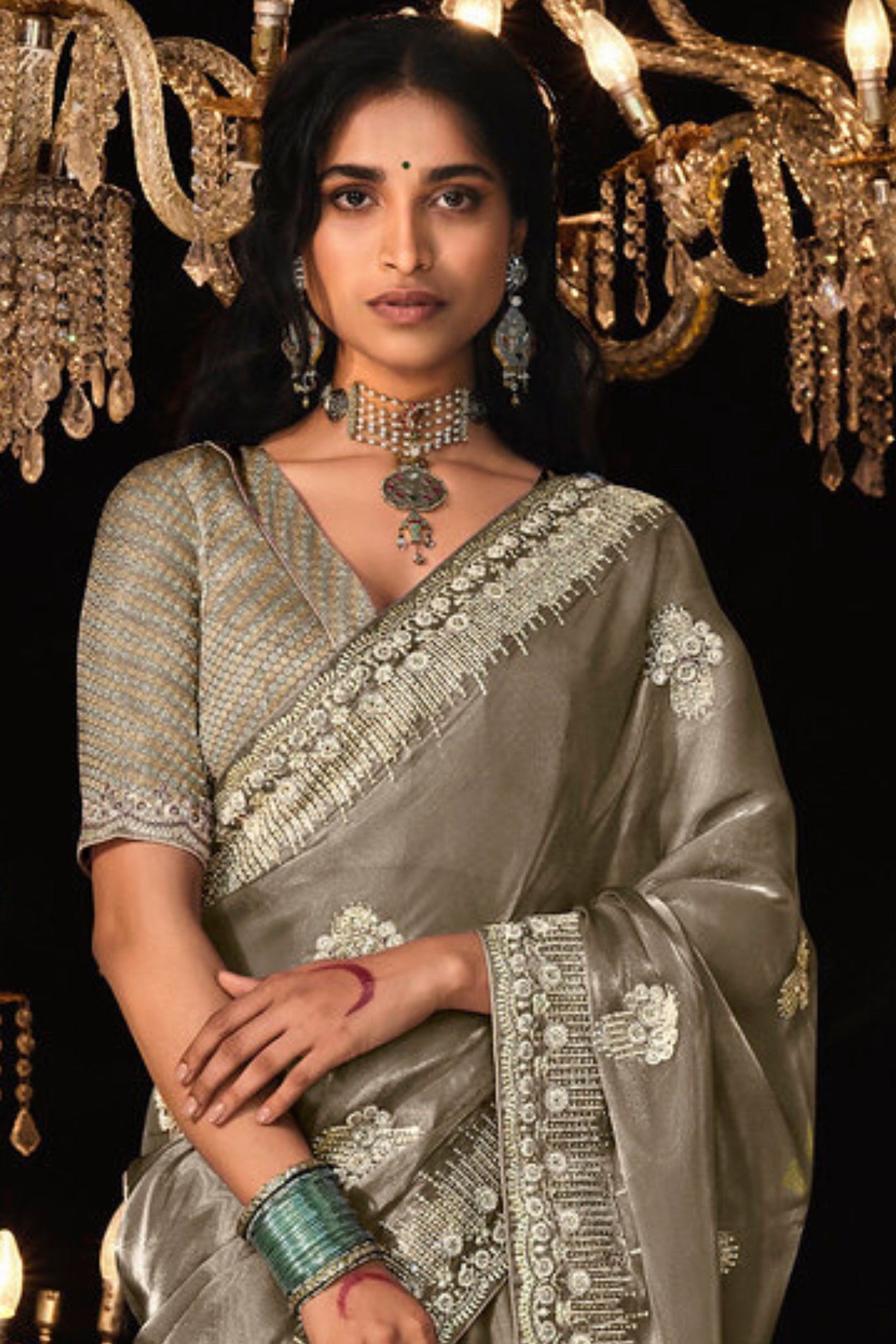 Buy MySilkLove Gold Shade Brown Tissue Embroidered Designer Saree Online