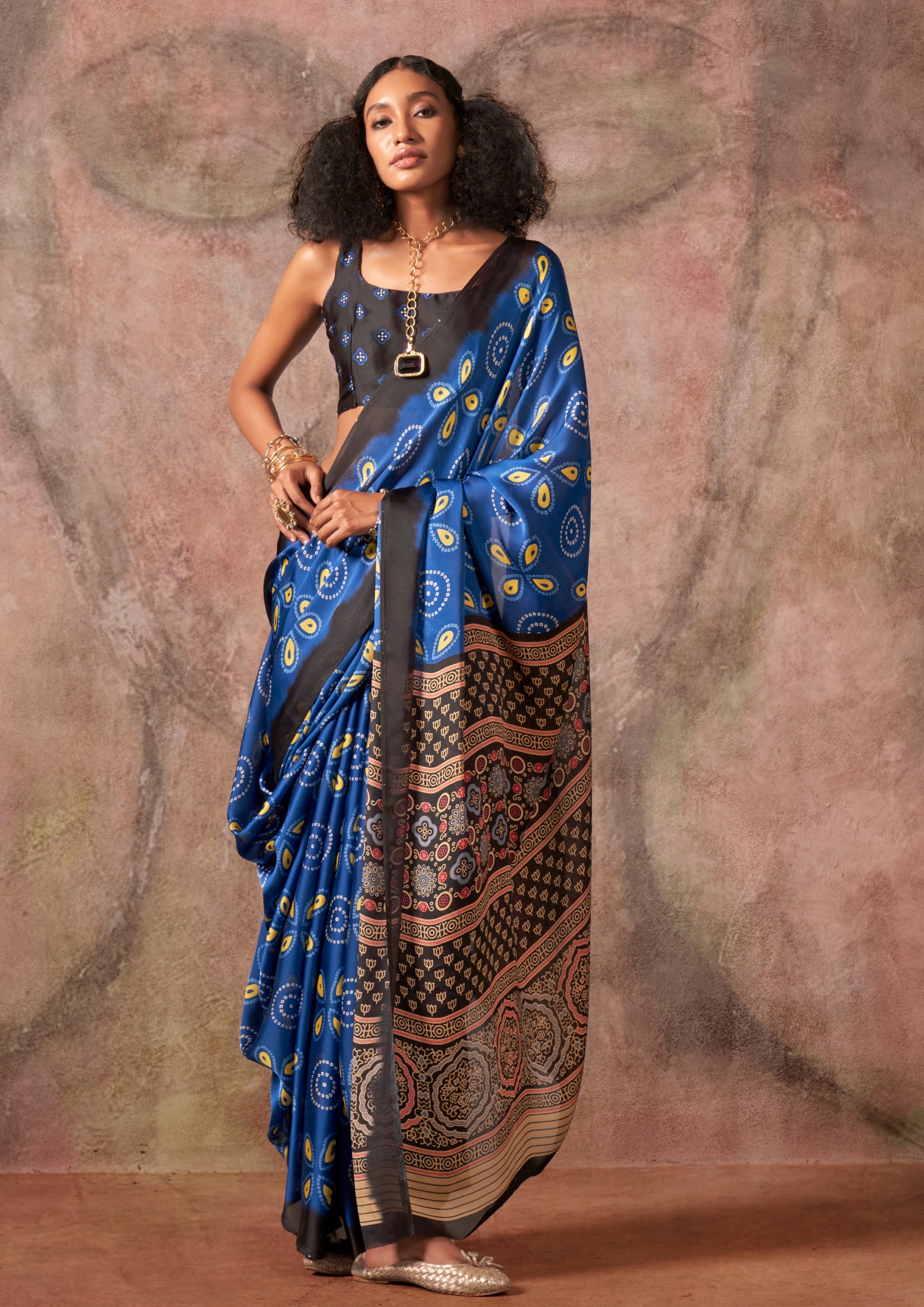 Buy MySilkLove Midnight Blue Ajrakh Printed Satin Georgette Silk Saree Online