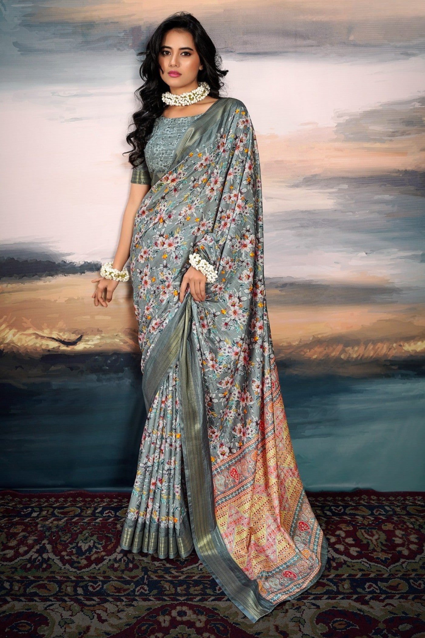 Buy MySilkLove Pale Sky Grey Digital Printed Cotton Saree Online