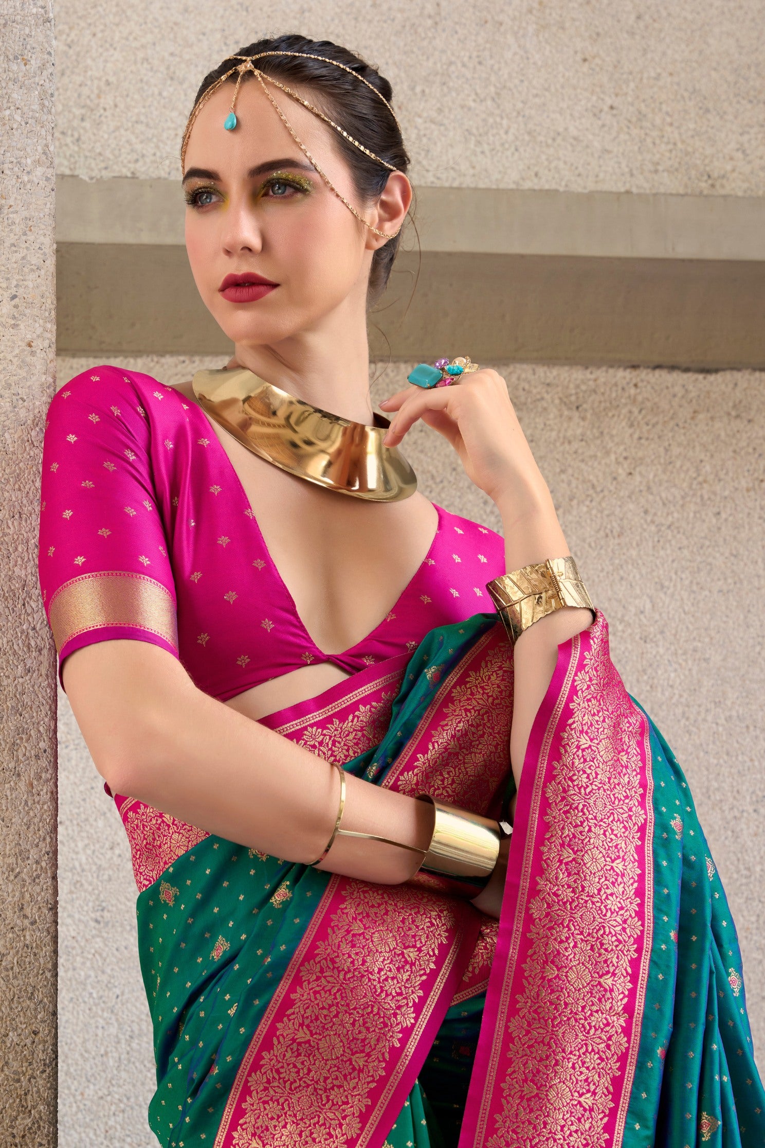 Buy MySilkLove Plantation Green and Pink Zari Woven Banarasi Soft Silk Saree Online